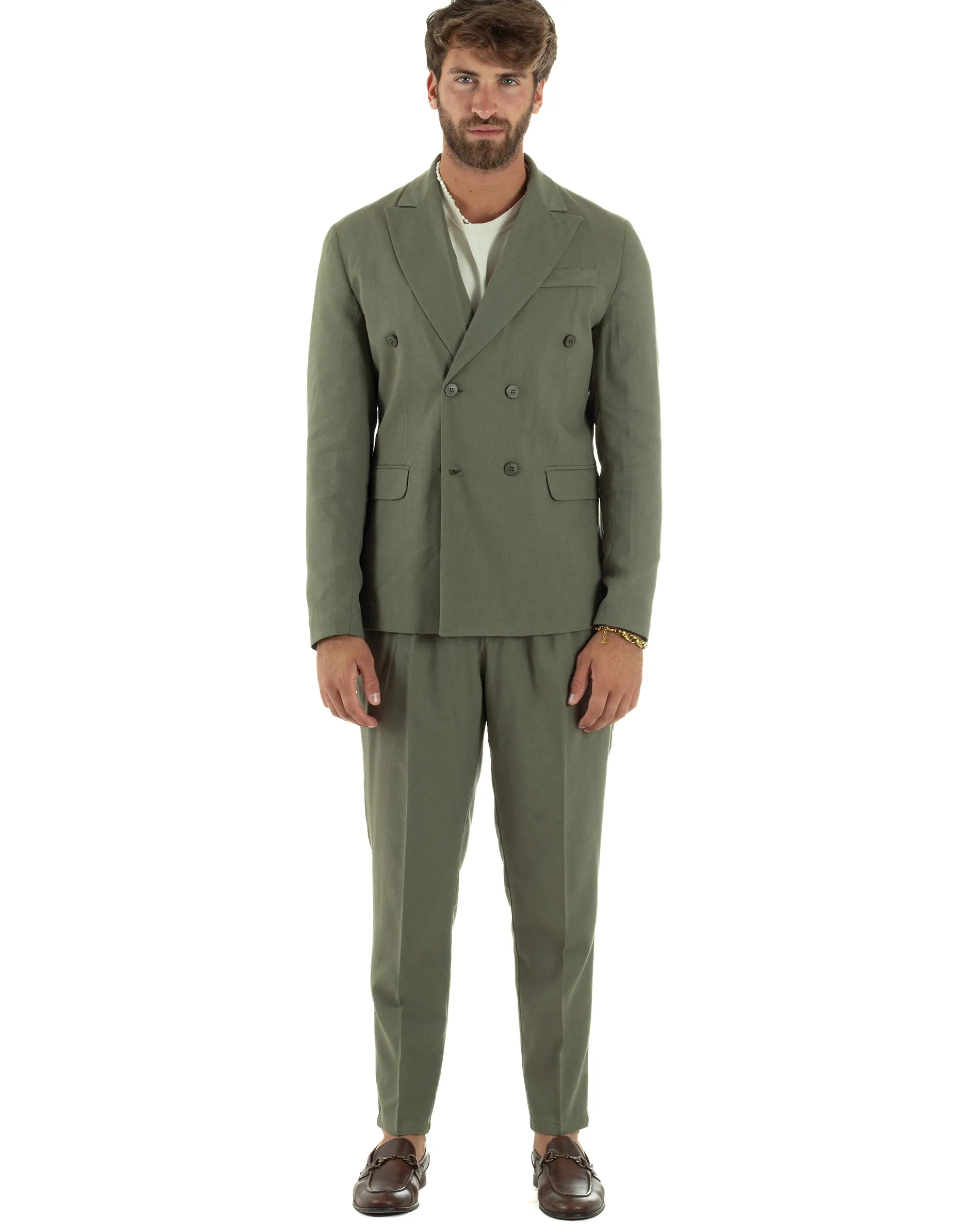 Abito lino uomo vestito doppiopetto sartoriale verde militare AE1169A
