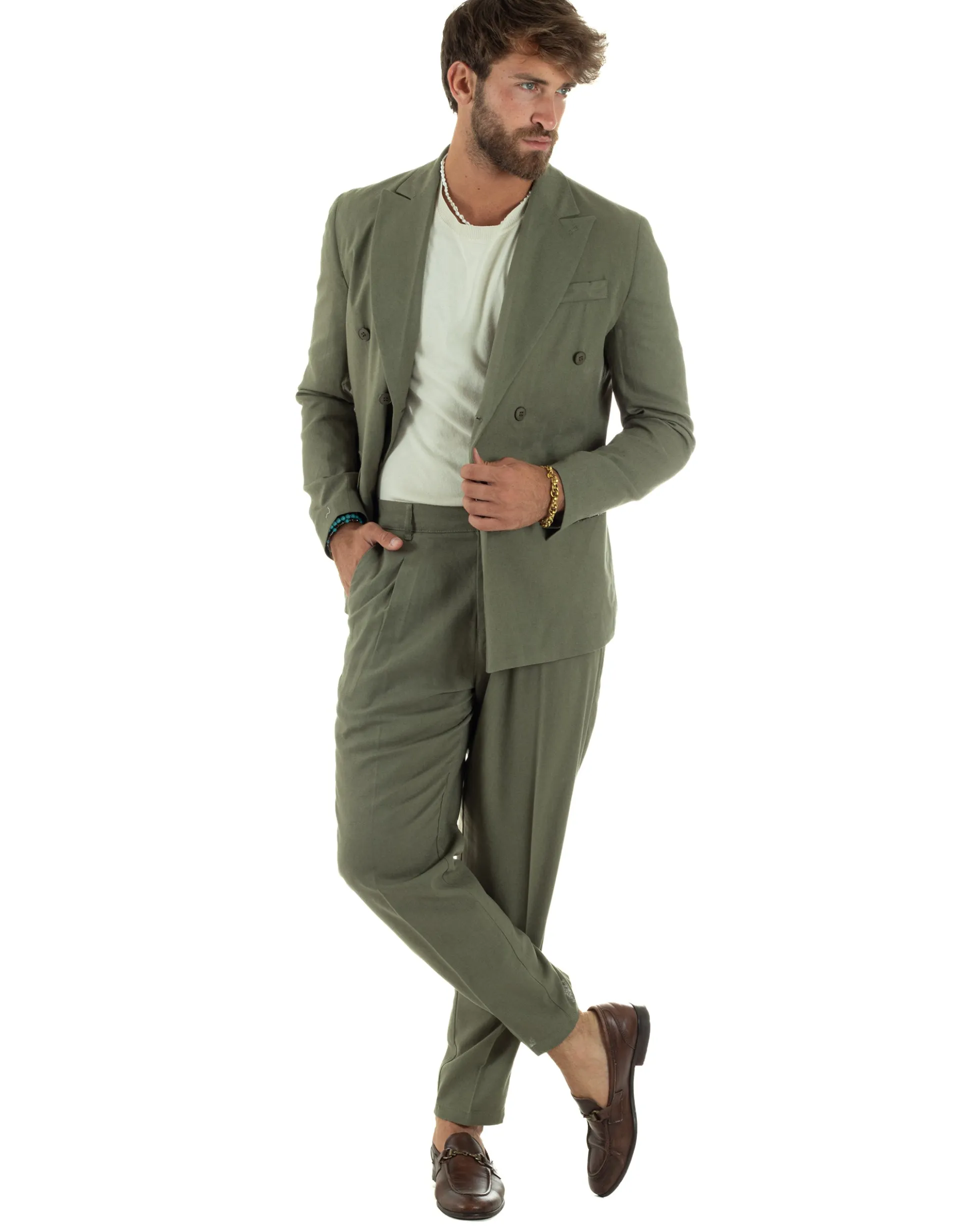 Abito lino uomo vestito doppiopetto sartoriale verde militare AE1169A