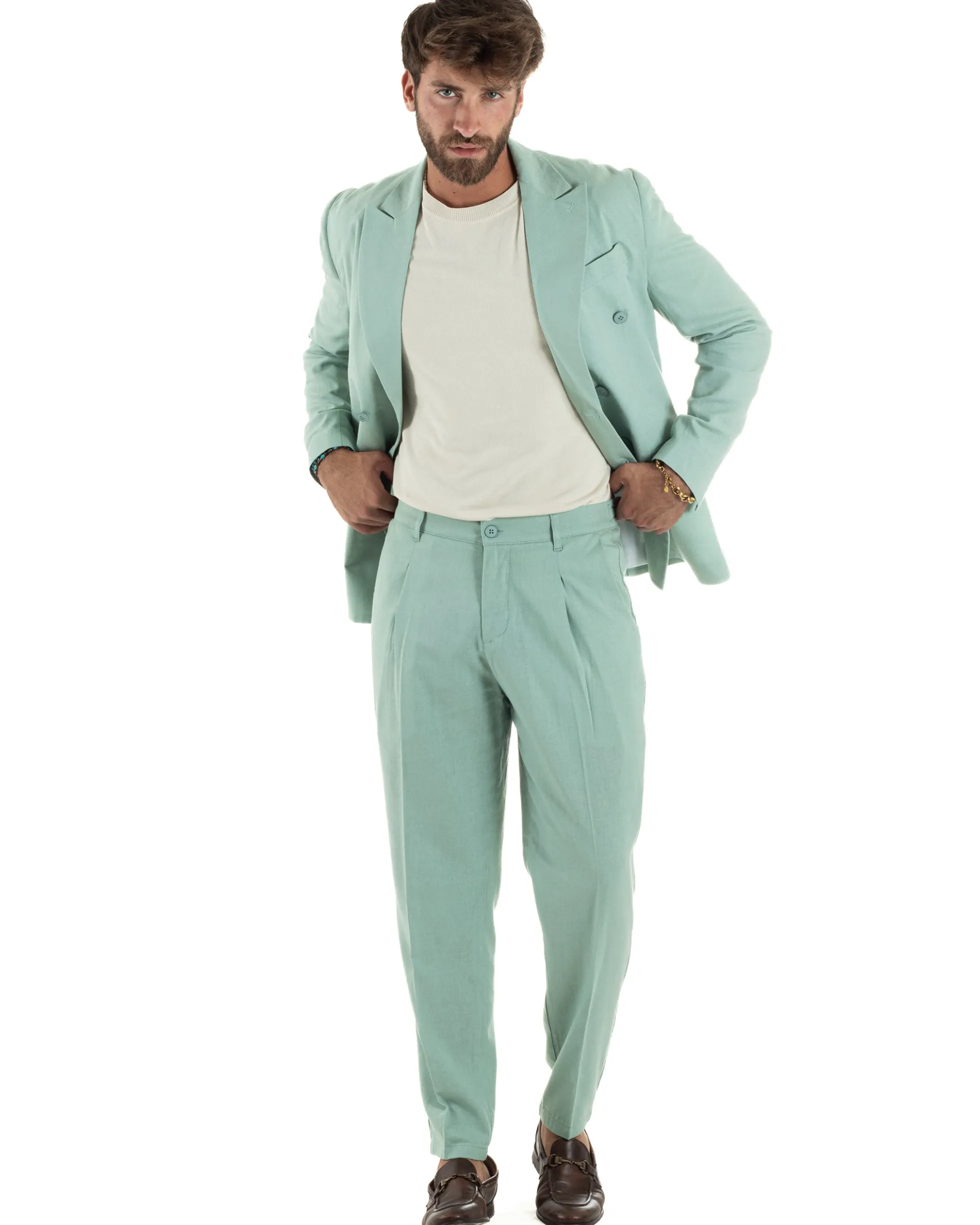 Abito lino uomo vestito doppiopetto sartoriale verde acqua AE1168A