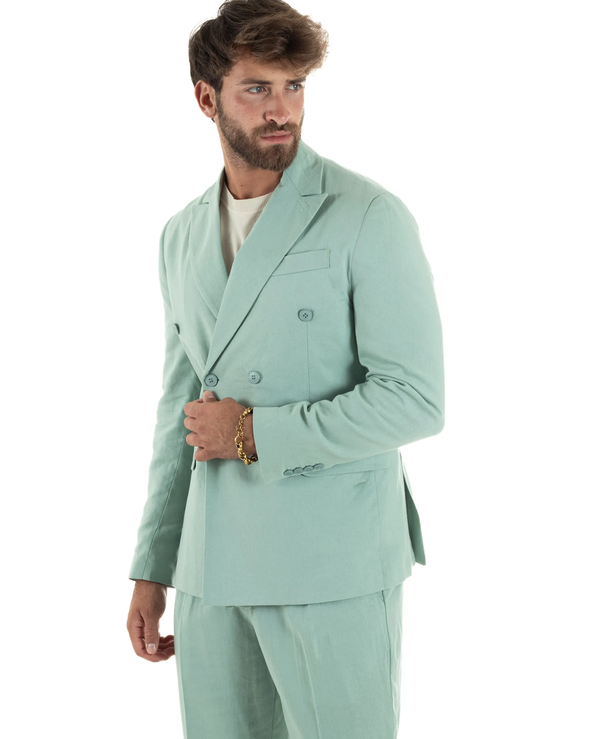 Abito lino uomo vestito doppiopetto sartoriale verde acqua AE1168A
