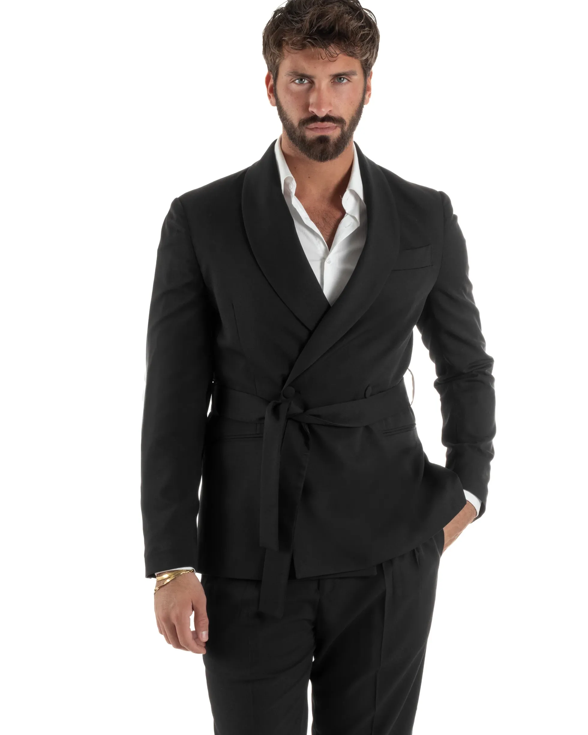 Abito uomo completo doppiopetto rever scialle cintura pantaloni pinces nero BlackSunday AE1245A