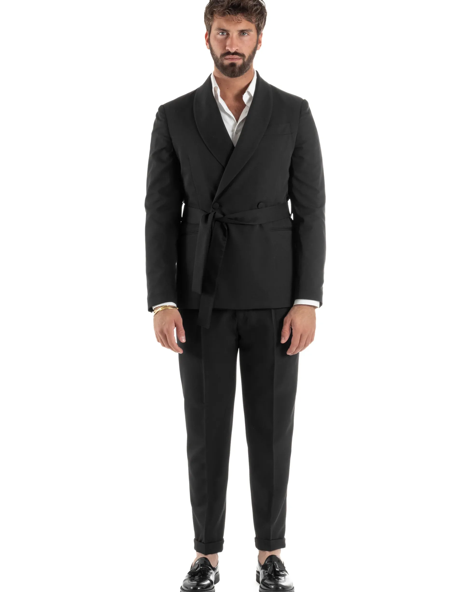 Abito uomo completo doppiopetto rever scialle cintura pantaloni pinces nero BlackSunday AE1245A