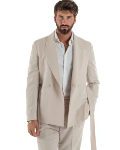 Abito uomo completo doppiopetto rever scialle cintura pantaloni pinces beige BlackSunday AE1246A