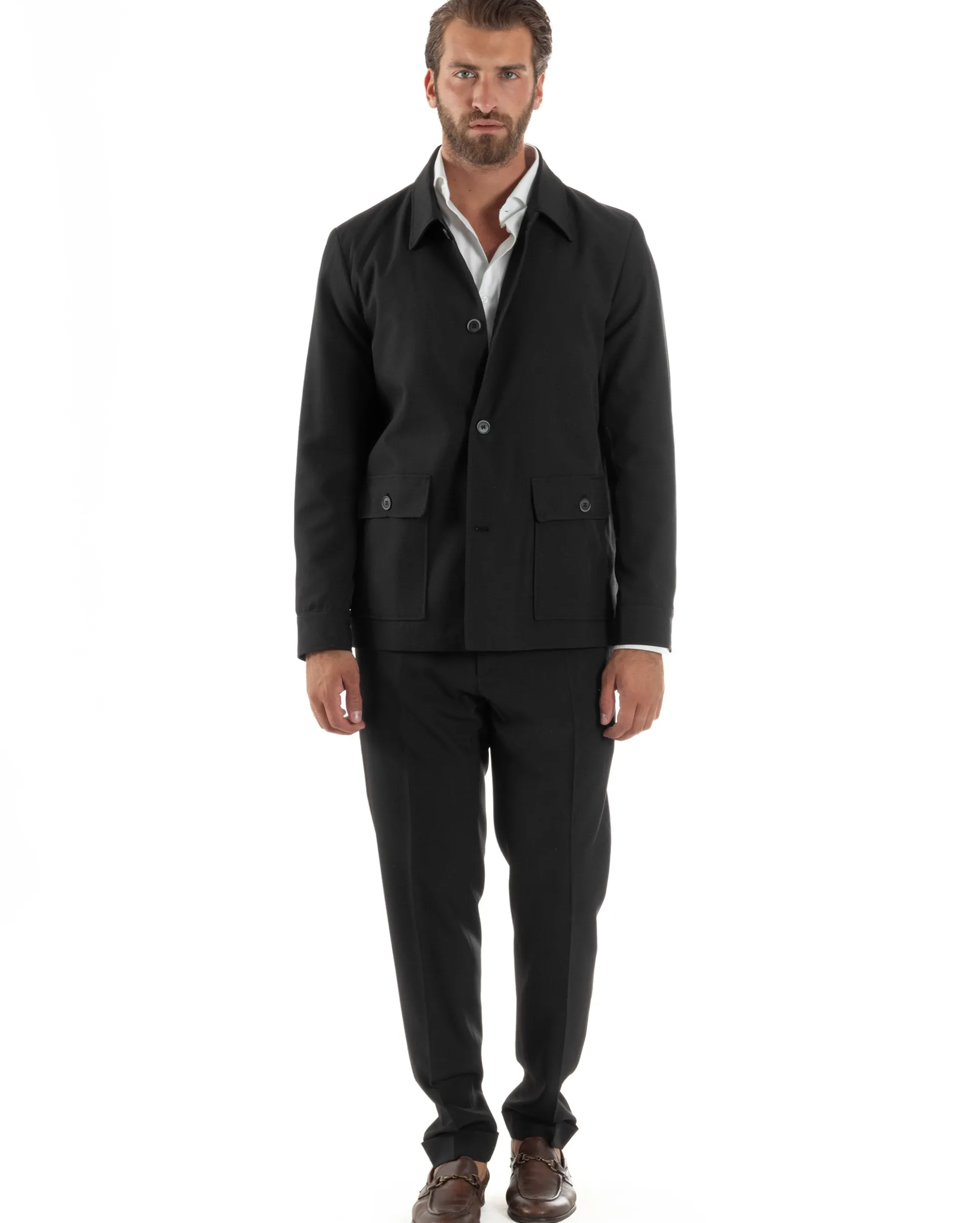 Abito Uomo Completo Giacca Sahariana Pantaloni Nero AE1146A