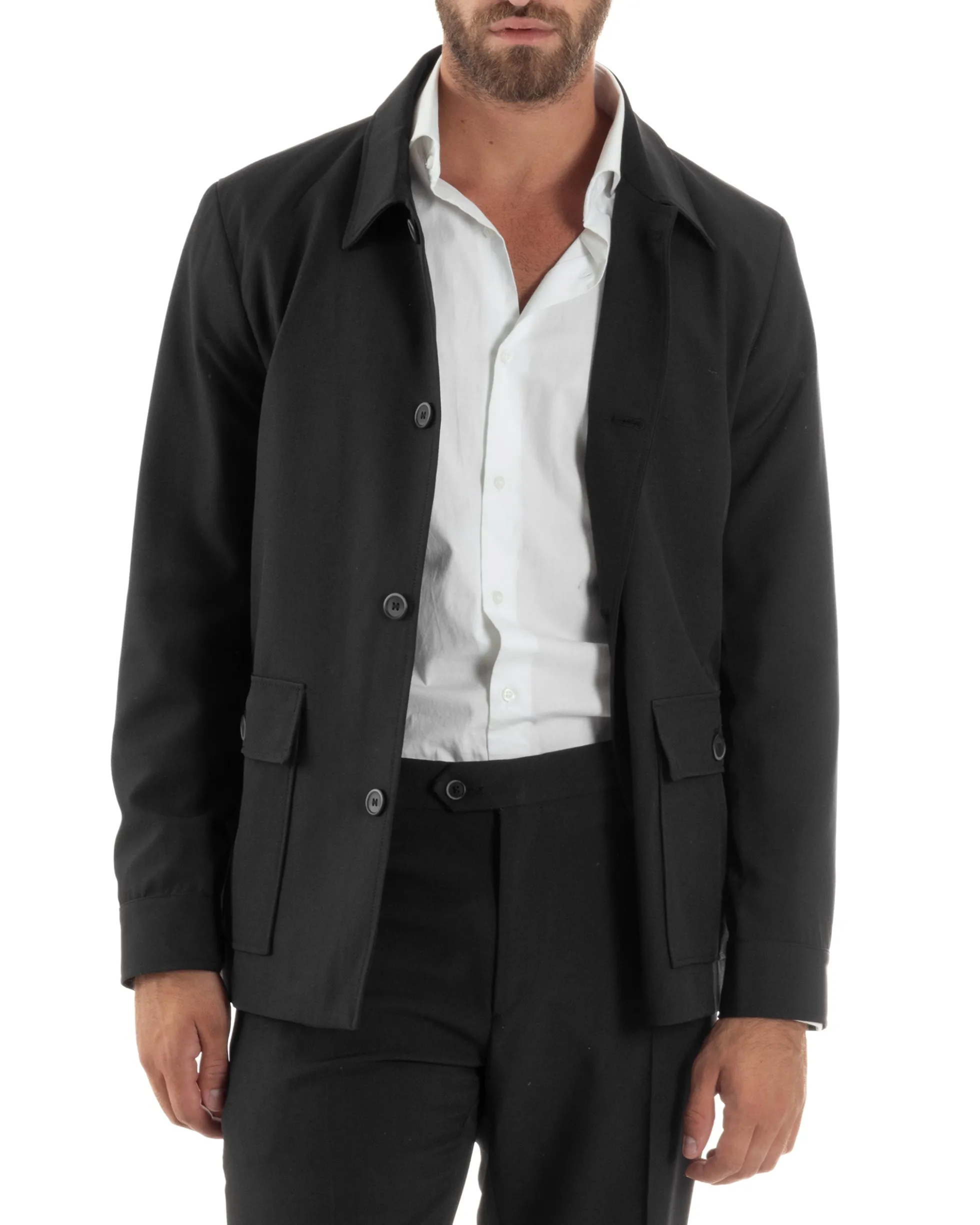 Abito Uomo Completo Giacca Sahariana Pantaloni Nero AE1146A