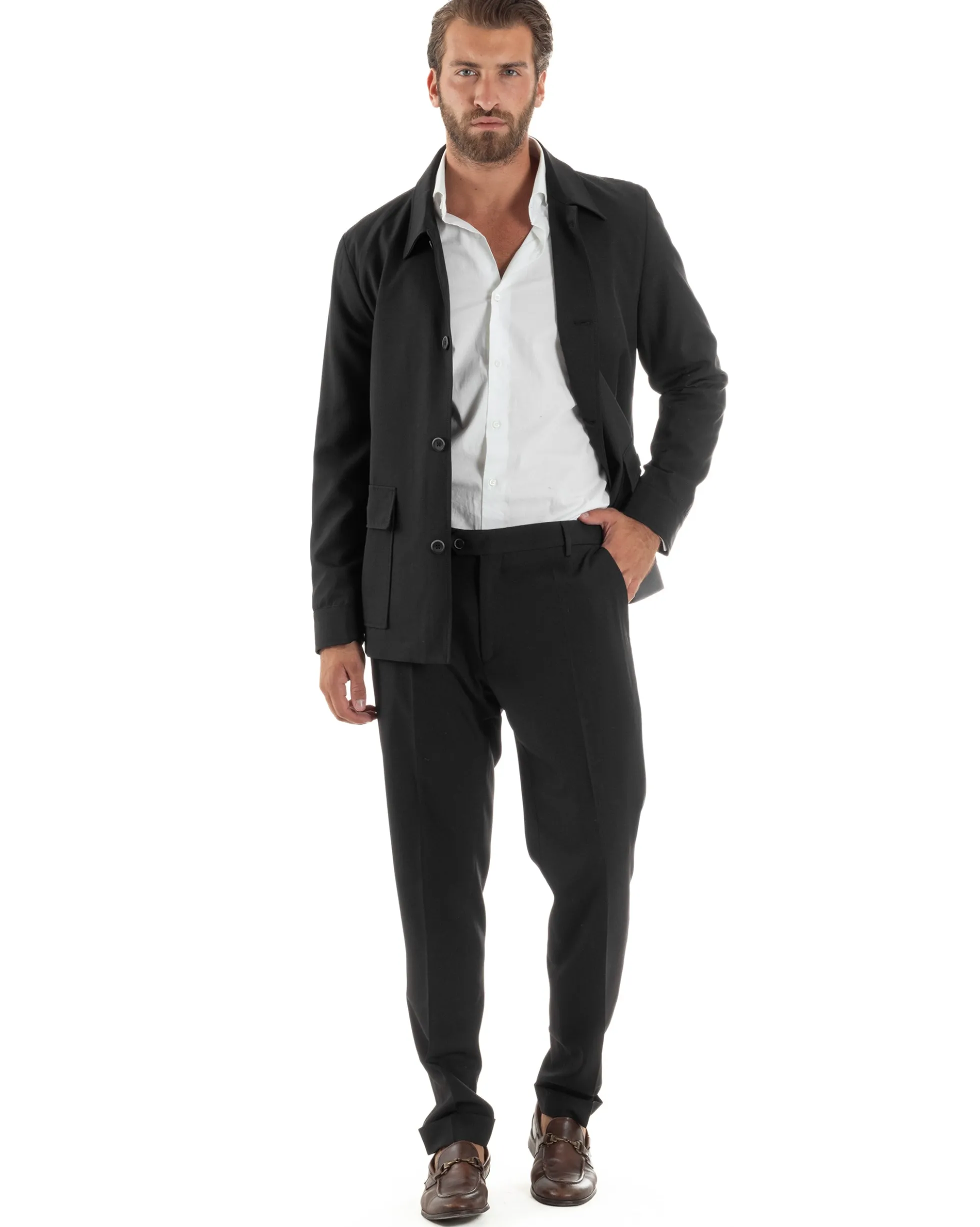 Abito Uomo Completo Giacca Sahariana Pantaloni Nero AE1146A
