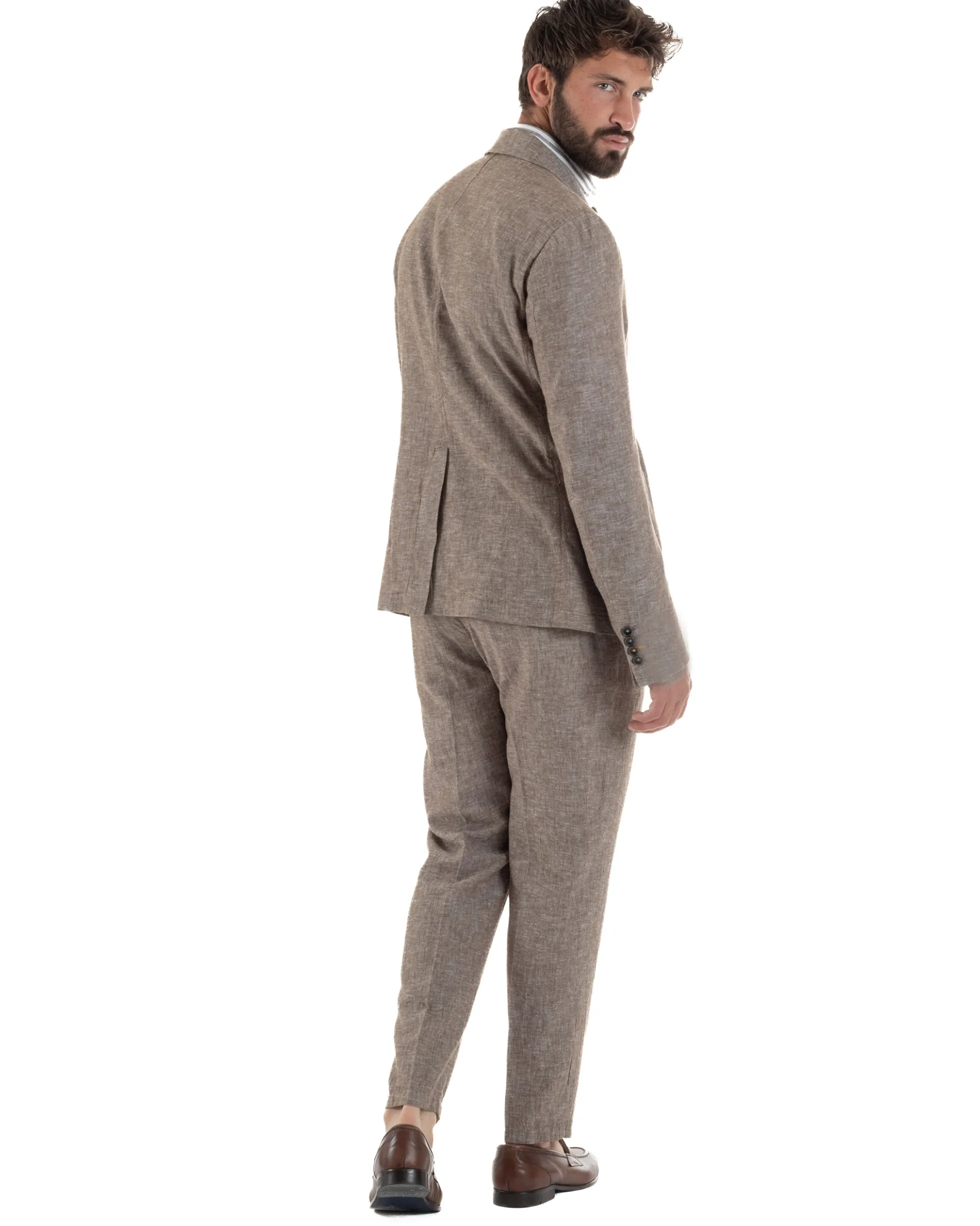 Abito uomo completo lino giacca monopetto pantaloni pinces coulisse marrone BERNA M-261359