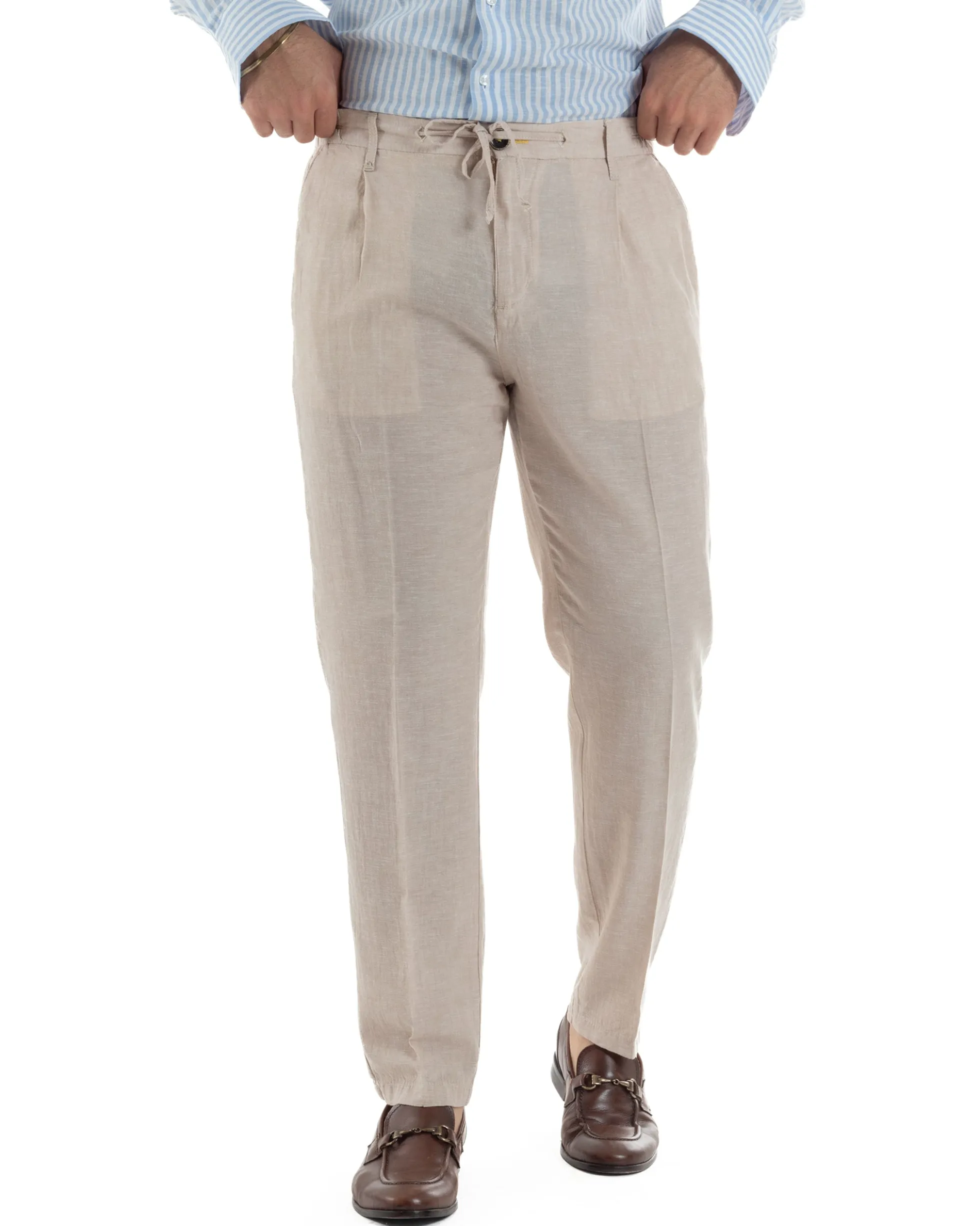 Abito uomo completo lino giacca monopetto pantaloni pinces coulisse beige BERNA M-261359