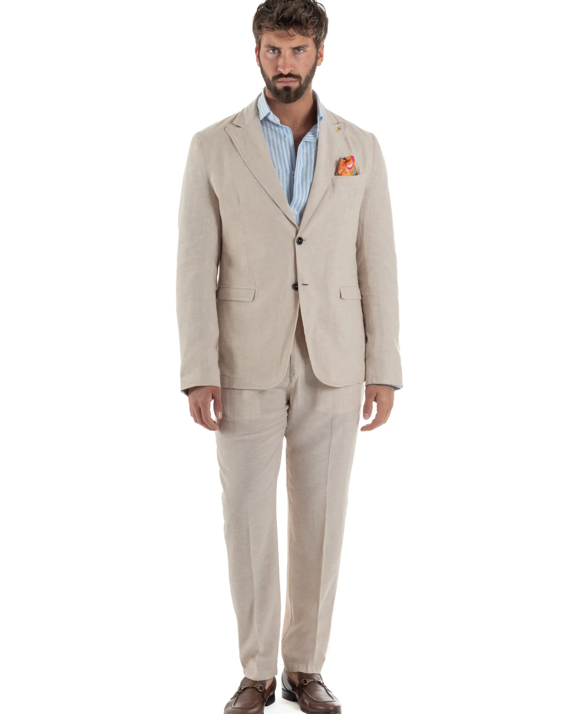 Abito uomo completo lino giacca monopetto pantaloni pinces coulisse beige BERNA M-261359