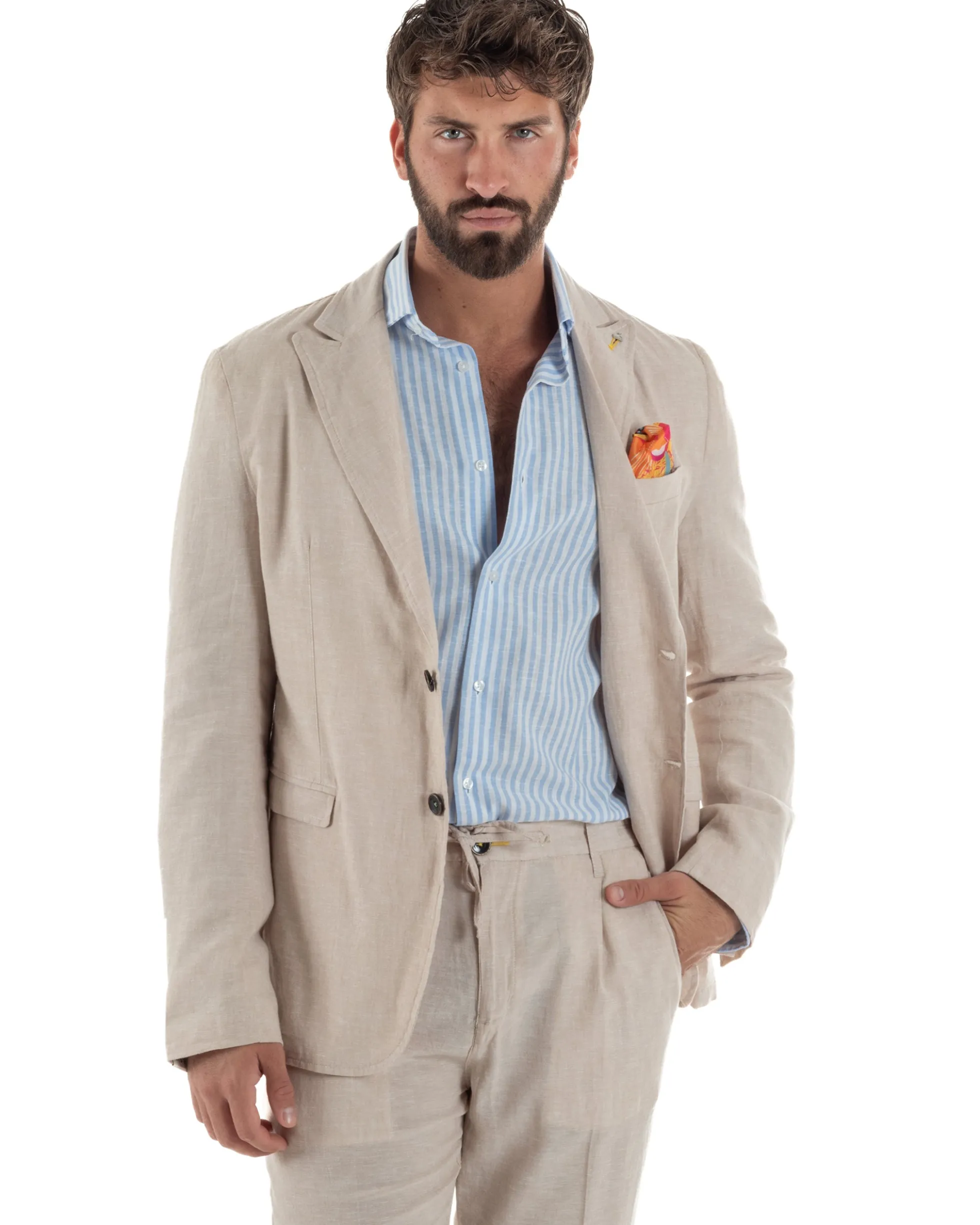 Abito uomo completo lino giacca monopetto pantaloni pinces coulisse beige BERNA M-261359