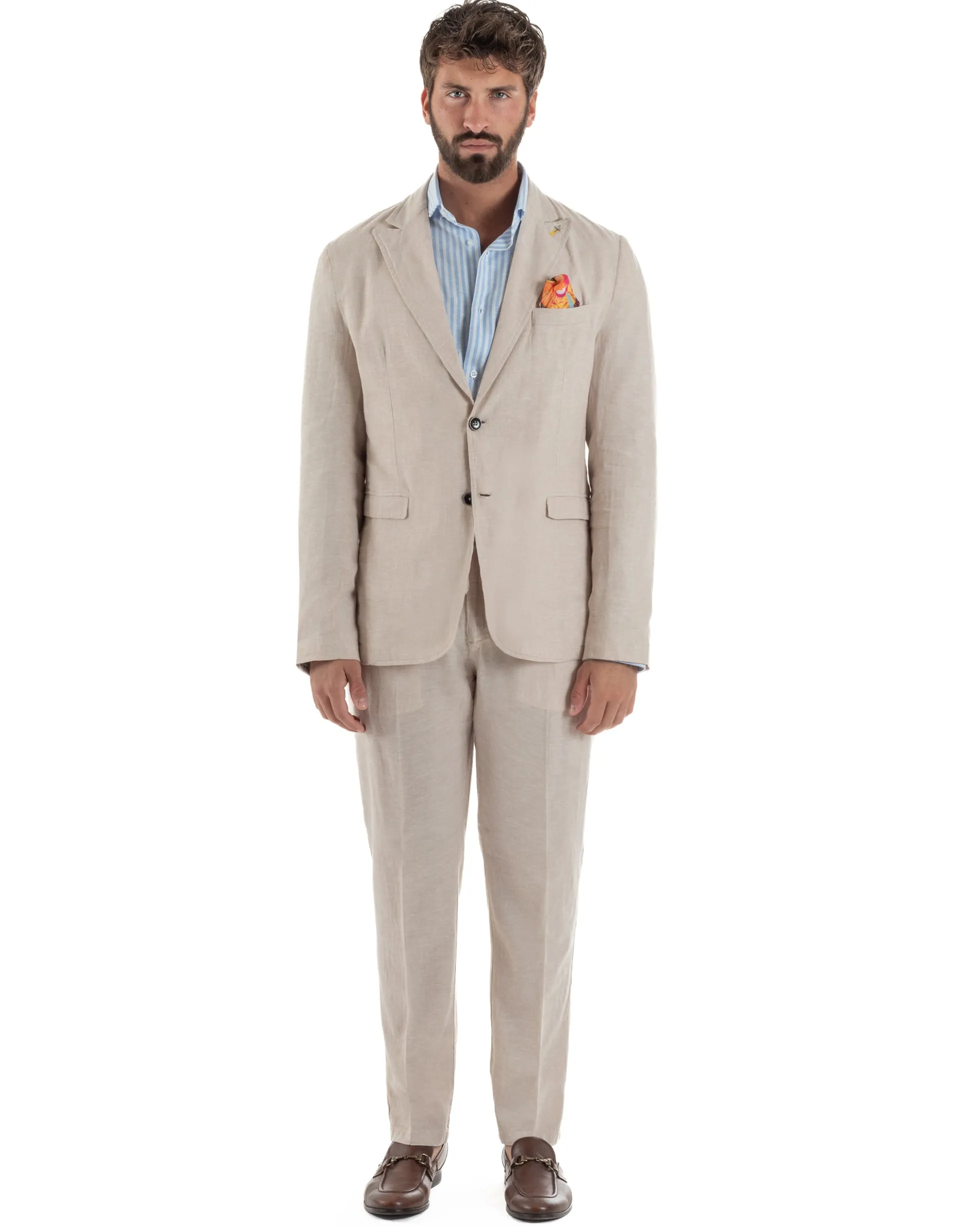 Abito uomo completo lino giacca monopetto pantaloni pinces coulisse beige BERNA M-261359