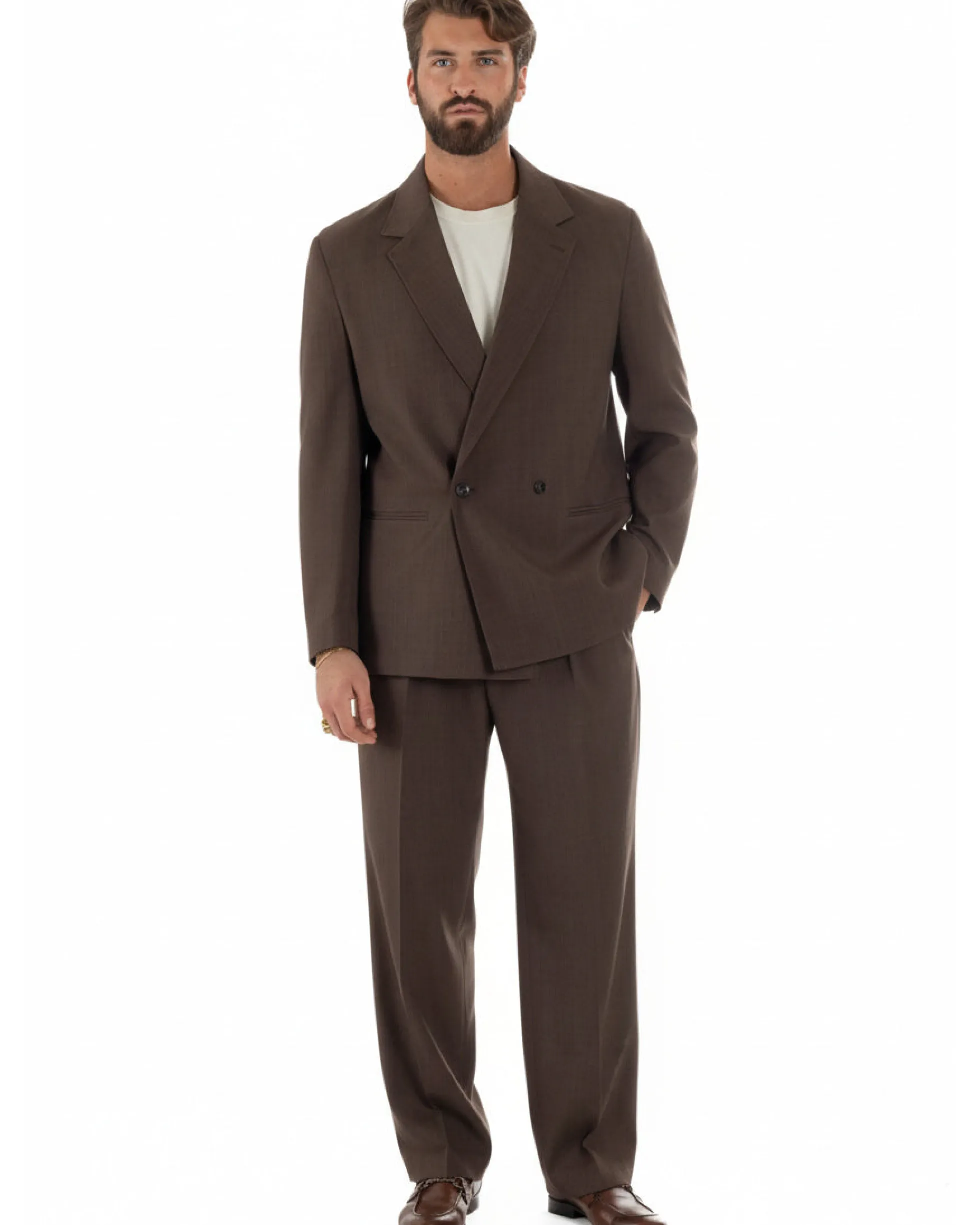 Abito uomo doppiopetto 2 bottoni vestito viscosa over pantaloni baggy marrone GIOSAL-AE1217A