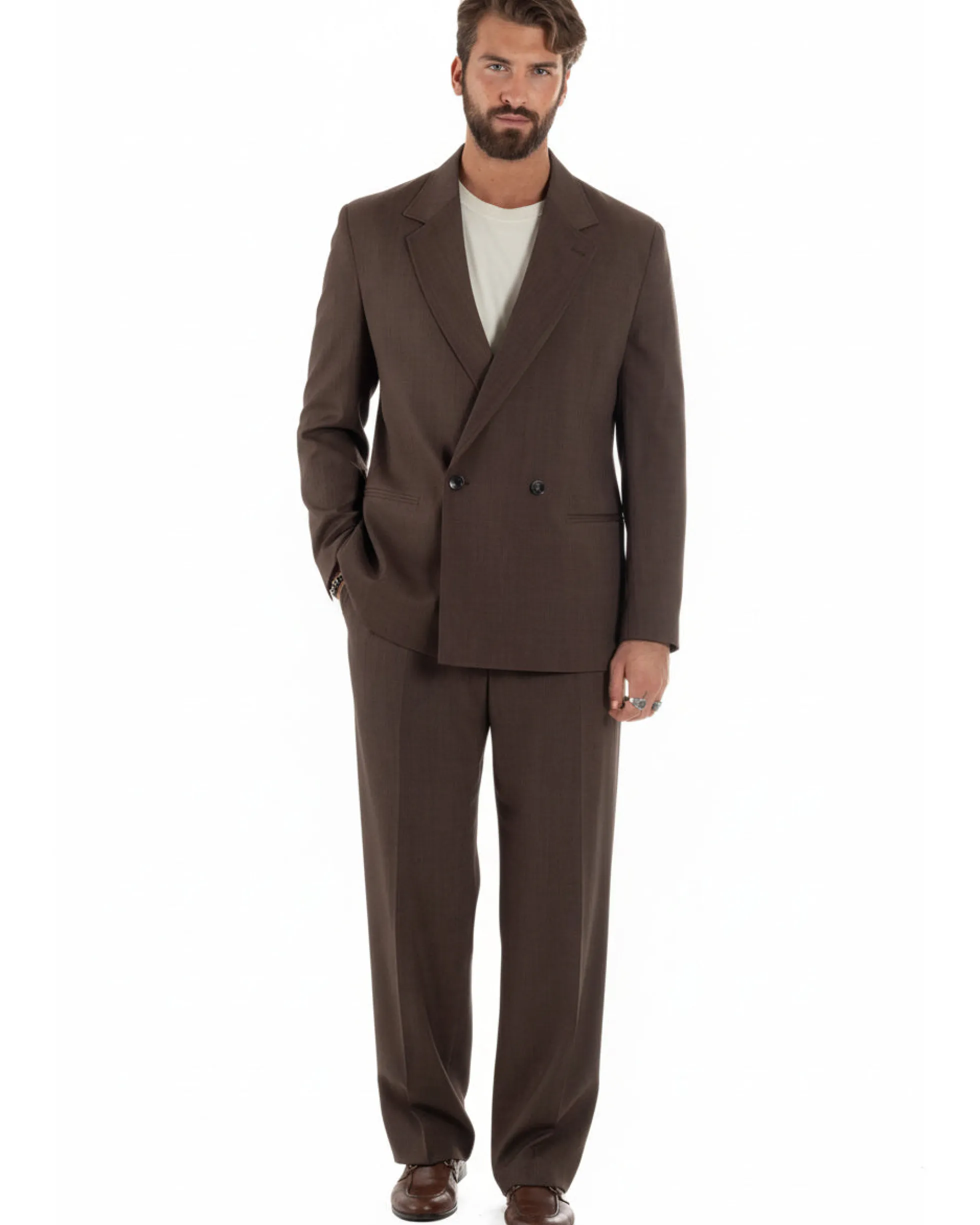 Abito uomo doppiopetto 2 bottoni vestito viscosa over pantaloni baggy marrone GIOSAL-AE1217A