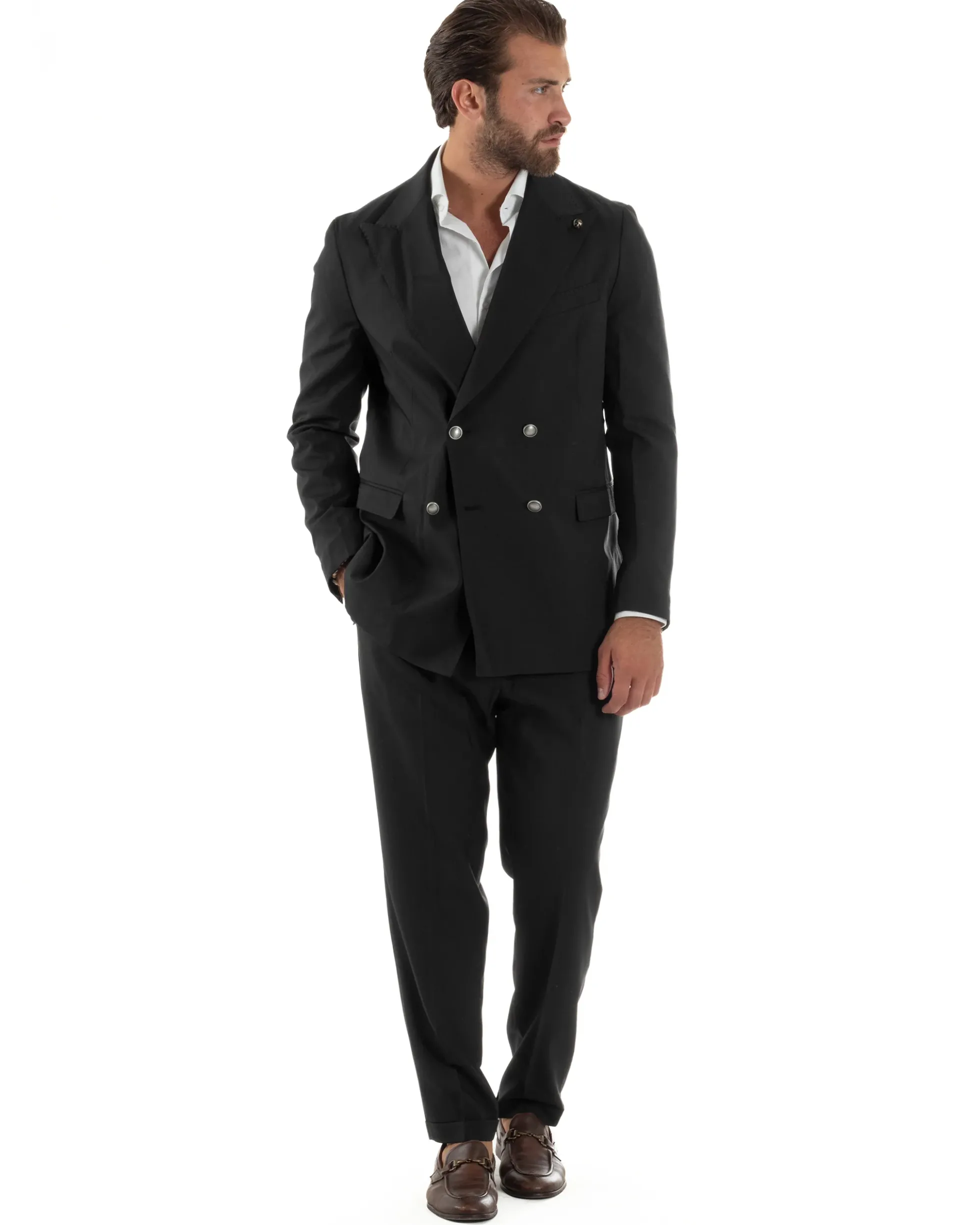 Abito Uomo Doppiopetto Bottoni In Metallo Completo Sartoriale Vestito Elegante Giacca Rever A Lancia Pantaloni Con Pinces Casual Nero GIOSAL-AE1138A