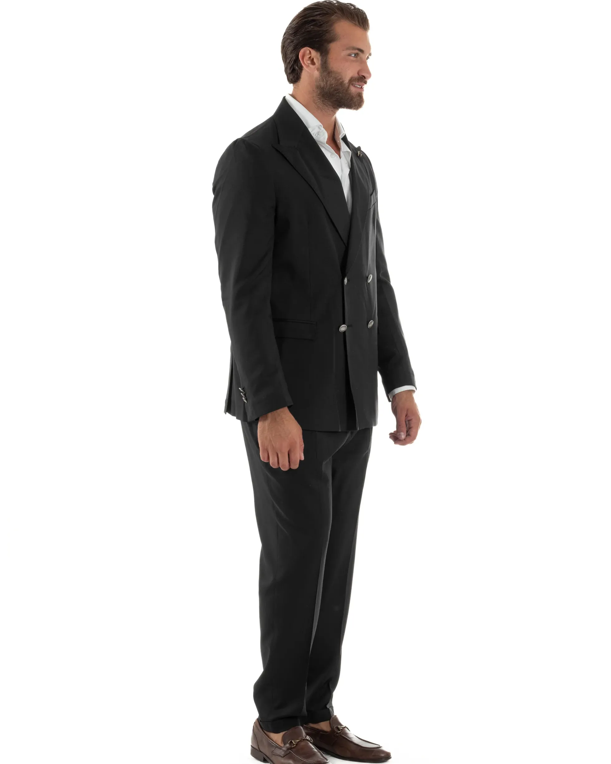 Abito Uomo Doppiopetto Bottoni In Metallo Completo Sartoriale Vestito Elegante Giacca Rever A Lancia Pantaloni Con Pinces Casual Nero GIOSAL-AE1138A