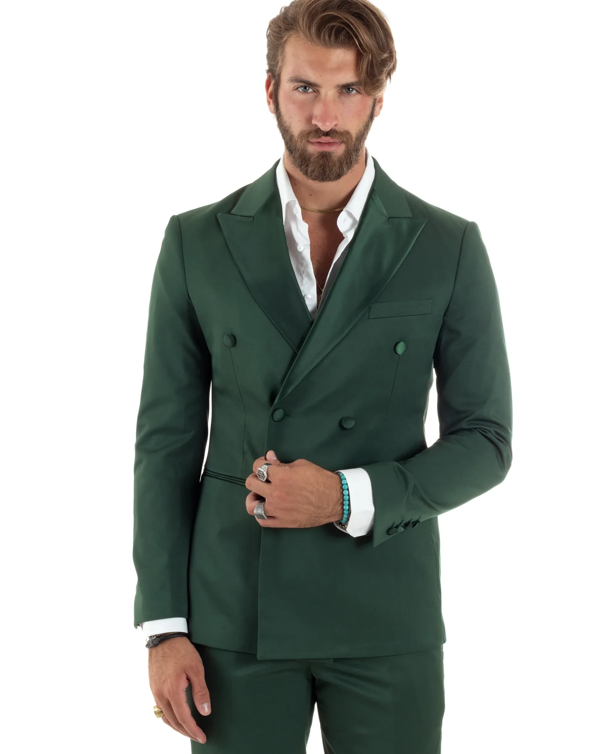 Abito uomo doppiopetto completo giacca rever raso pantaloni smoking elegante sartoriale verde GIOSAL-AE1100A