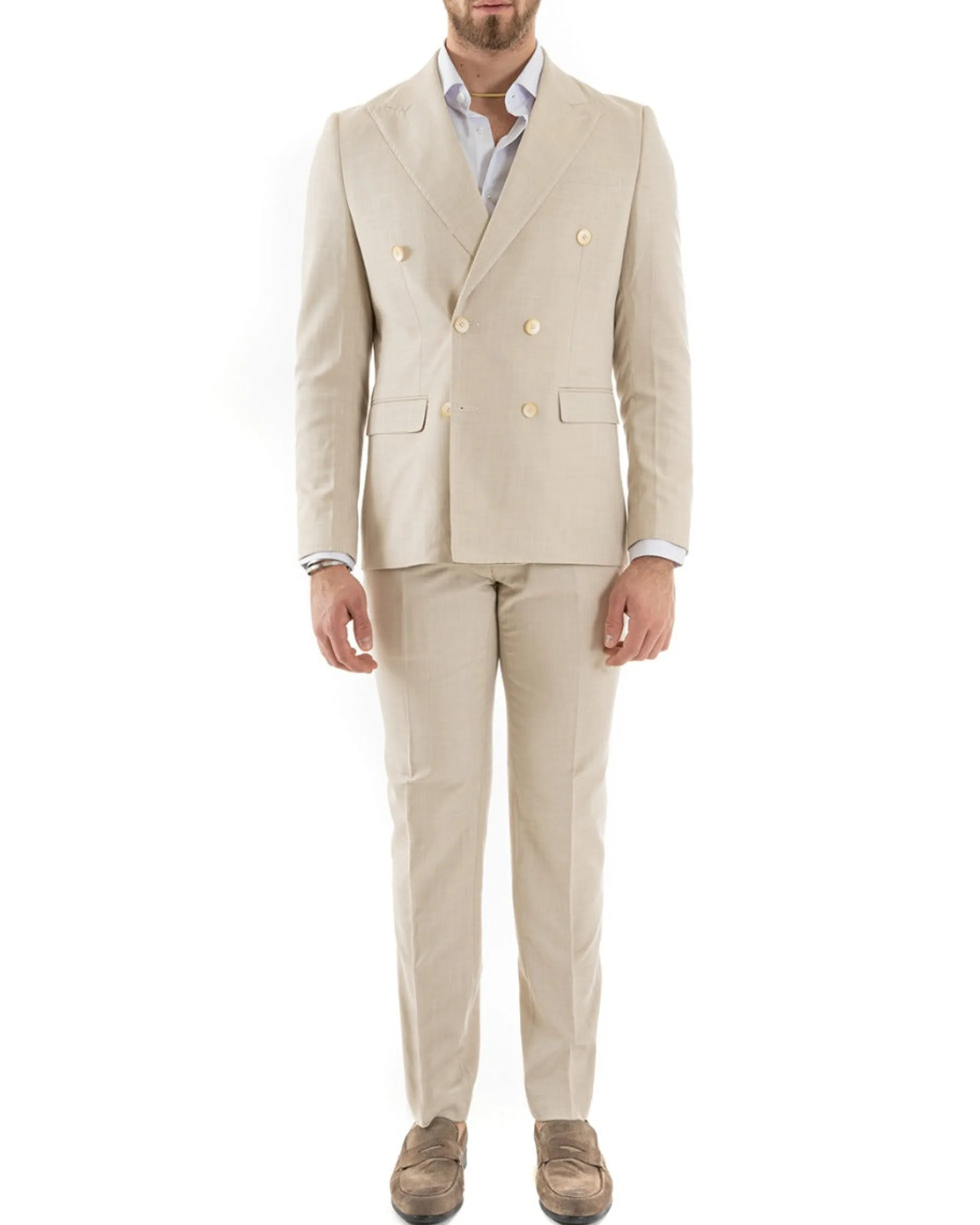 Abito uomo doppiopetto completo viscosa giacca pantaloni elegante beige melangiato GIOSAL-OU2258A