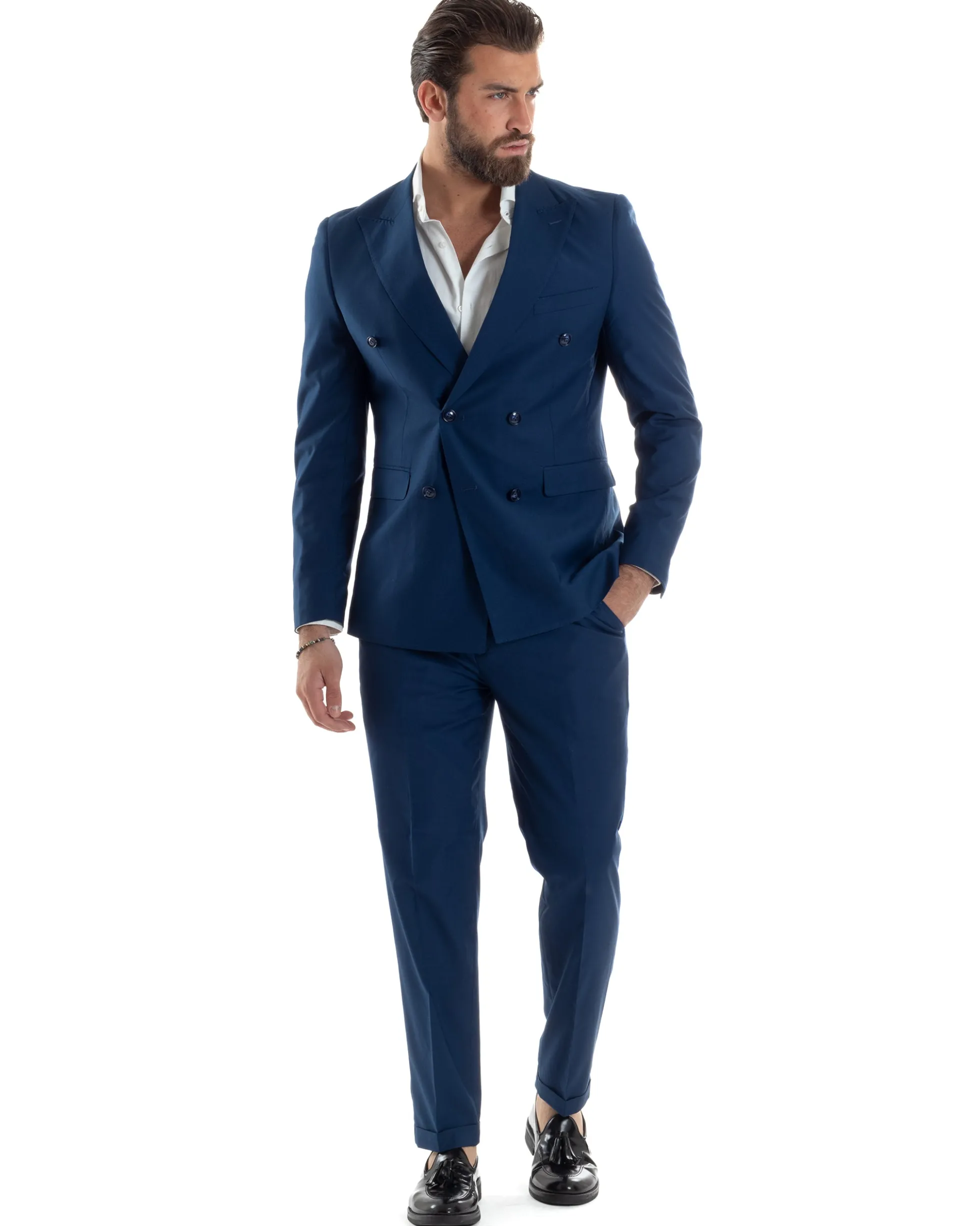 Abito uomo doppiopetto completo viscosa giacca pantaloni elegante blu chiaro GIOSAL-AE1115A