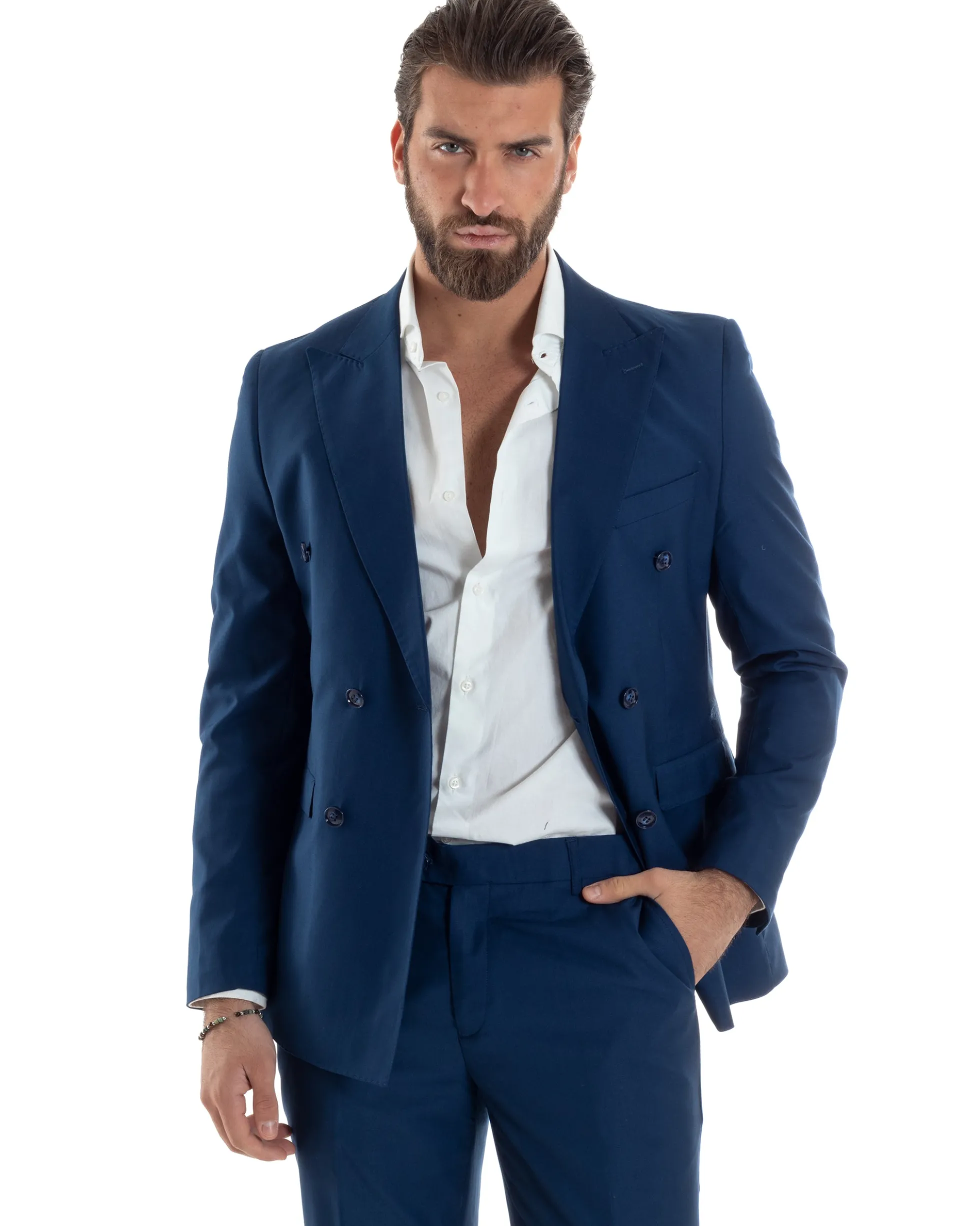 Abito uomo doppiopetto completo viscosa giacca pantaloni elegante blu chiaro GIOSAL-AE1115A