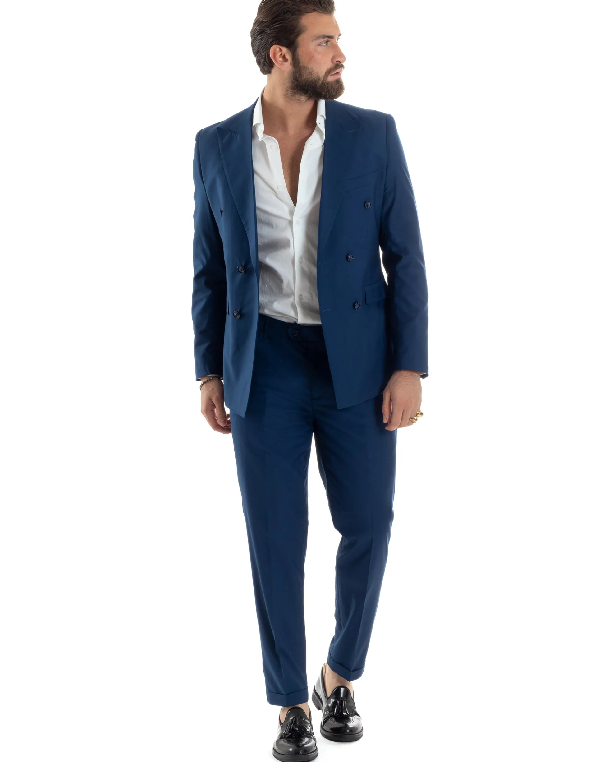 Abito uomo doppiopetto completo viscosa giacca pantaloni elegante blu chiaro GIOSAL-AE1115A