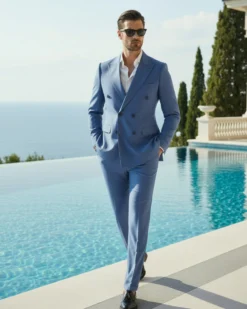 Abito uomo doppiopetto completo viscosa giacca pantaloni elegante blu chiaro melangiato GIOSAL-AE1116A