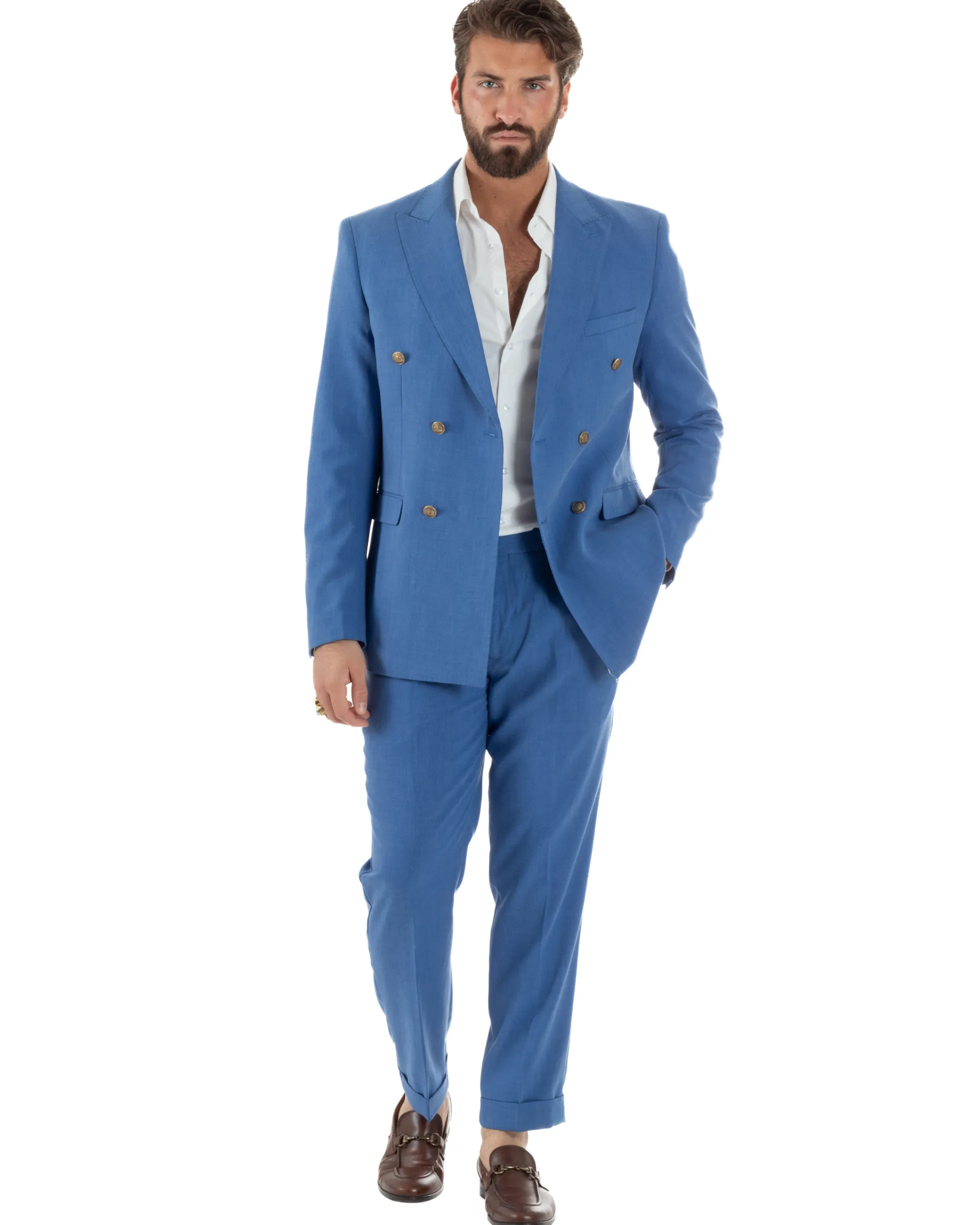 Abito uomo doppiopetto completo giacca pantaloni bottoni metallo blu royal melangiato GIOSAL-AE1204A