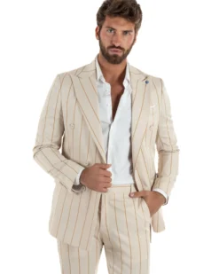Abito uomo doppiopetto completo gessato giacca pantaloni riga larga beige GIOSAL-AE1257A