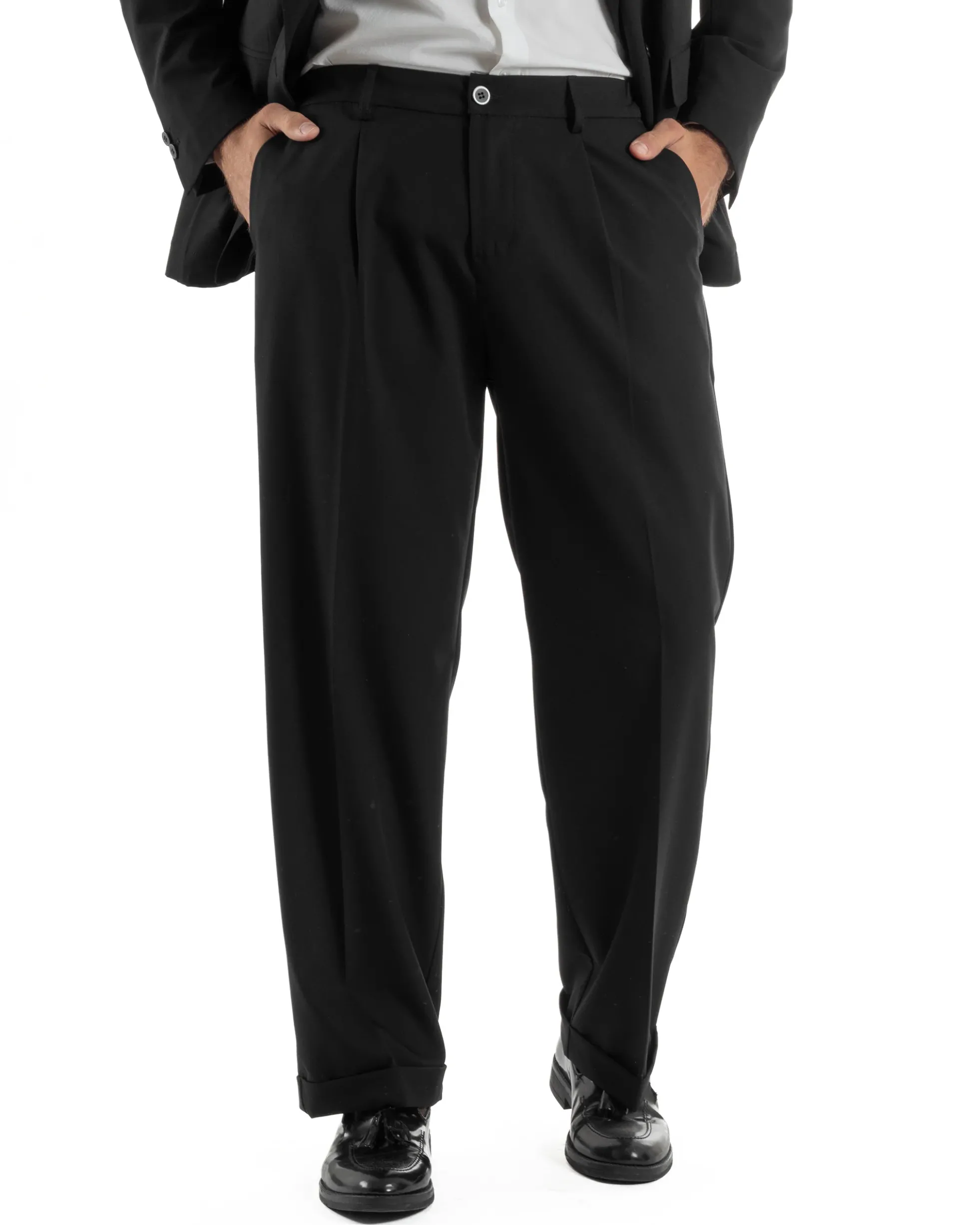 Abito uomo doppiopetto completo giacca 2 bottoni pantaloni baggy nero BlackSunday AE1263A