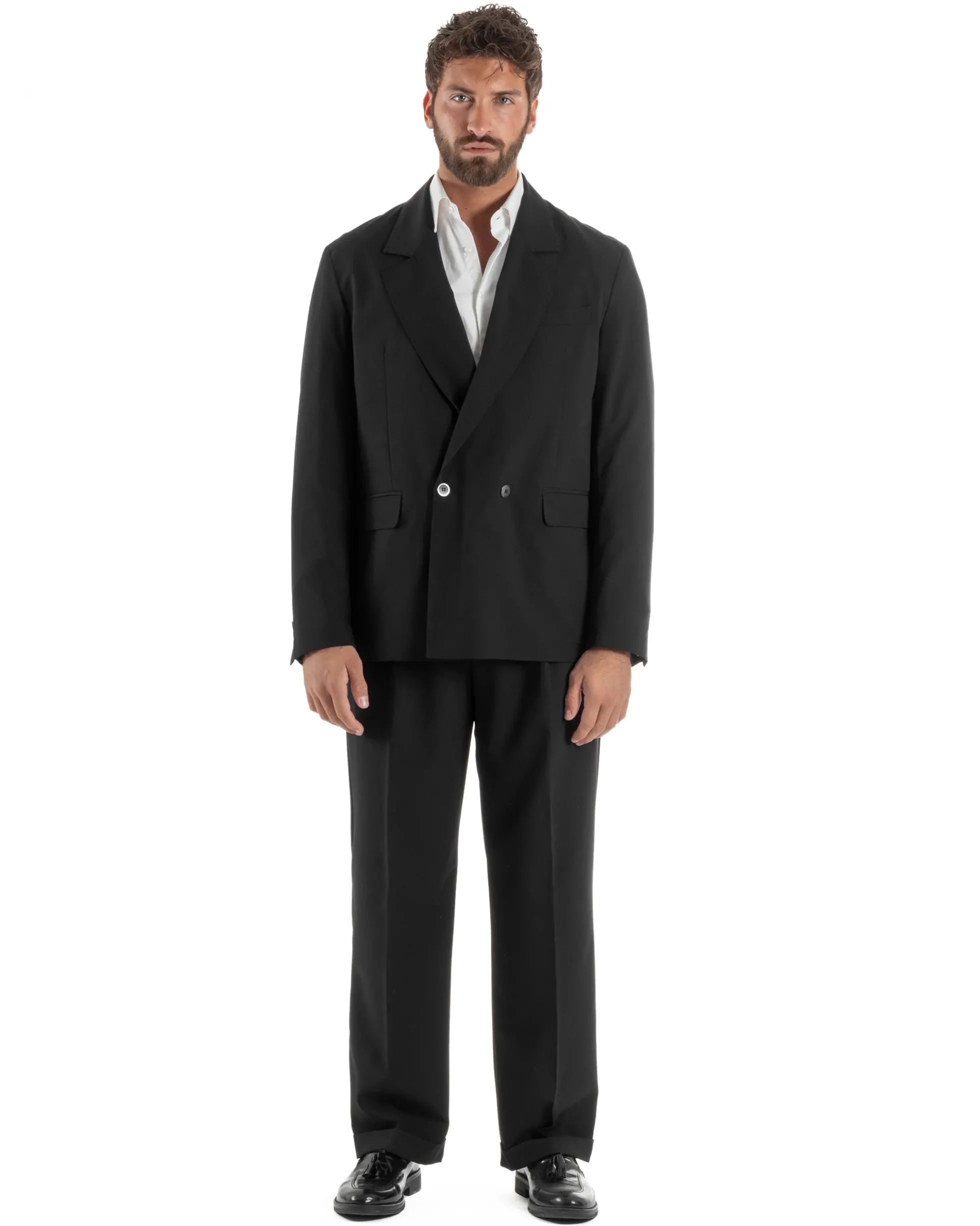 Abito uomo doppiopetto completo giacca 2 bottoni pantaloni baggy nero BlackSunday AE1263A