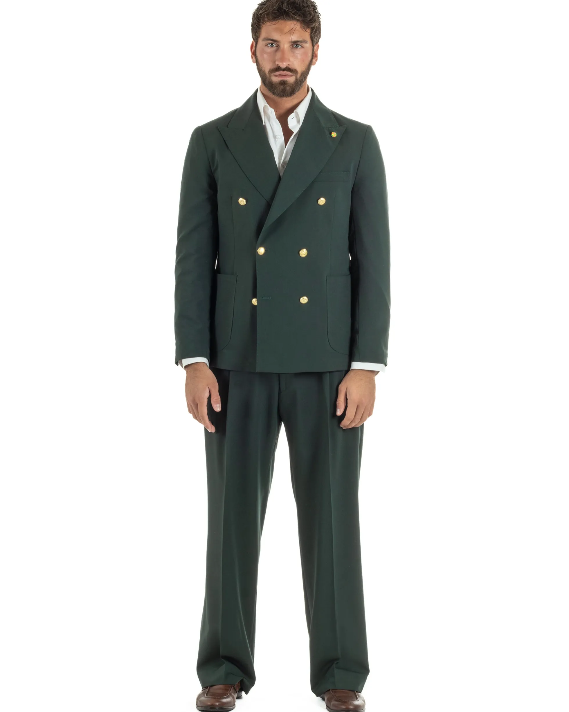 Abito uomo doppiopetto completo oversize giacca bottoni oro pantaloni baggy verde BlackSunday AE1261A