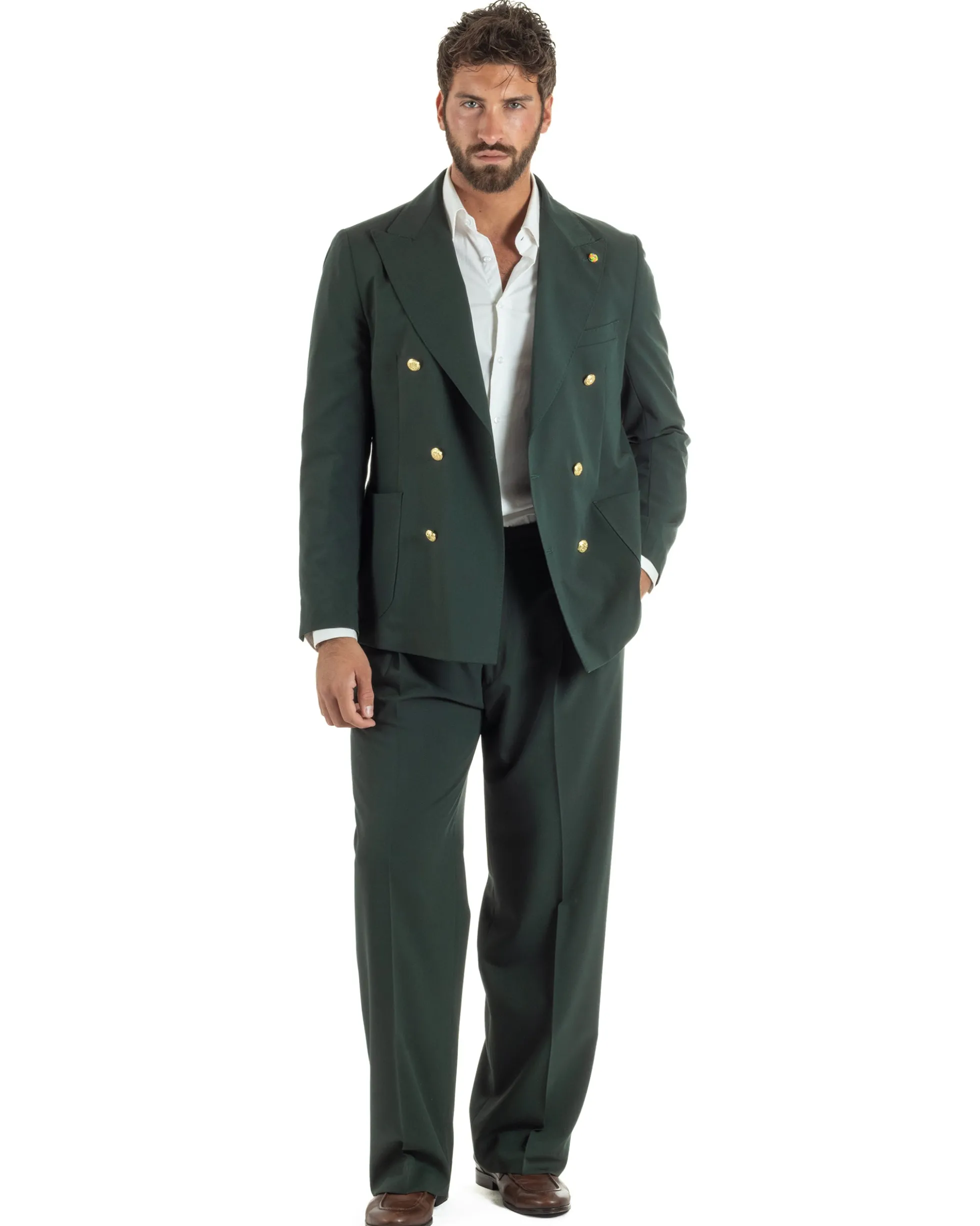 Abito uomo doppiopetto completo oversize giacca bottoni oro pantaloni baggy verde BlackSunday AE1261A