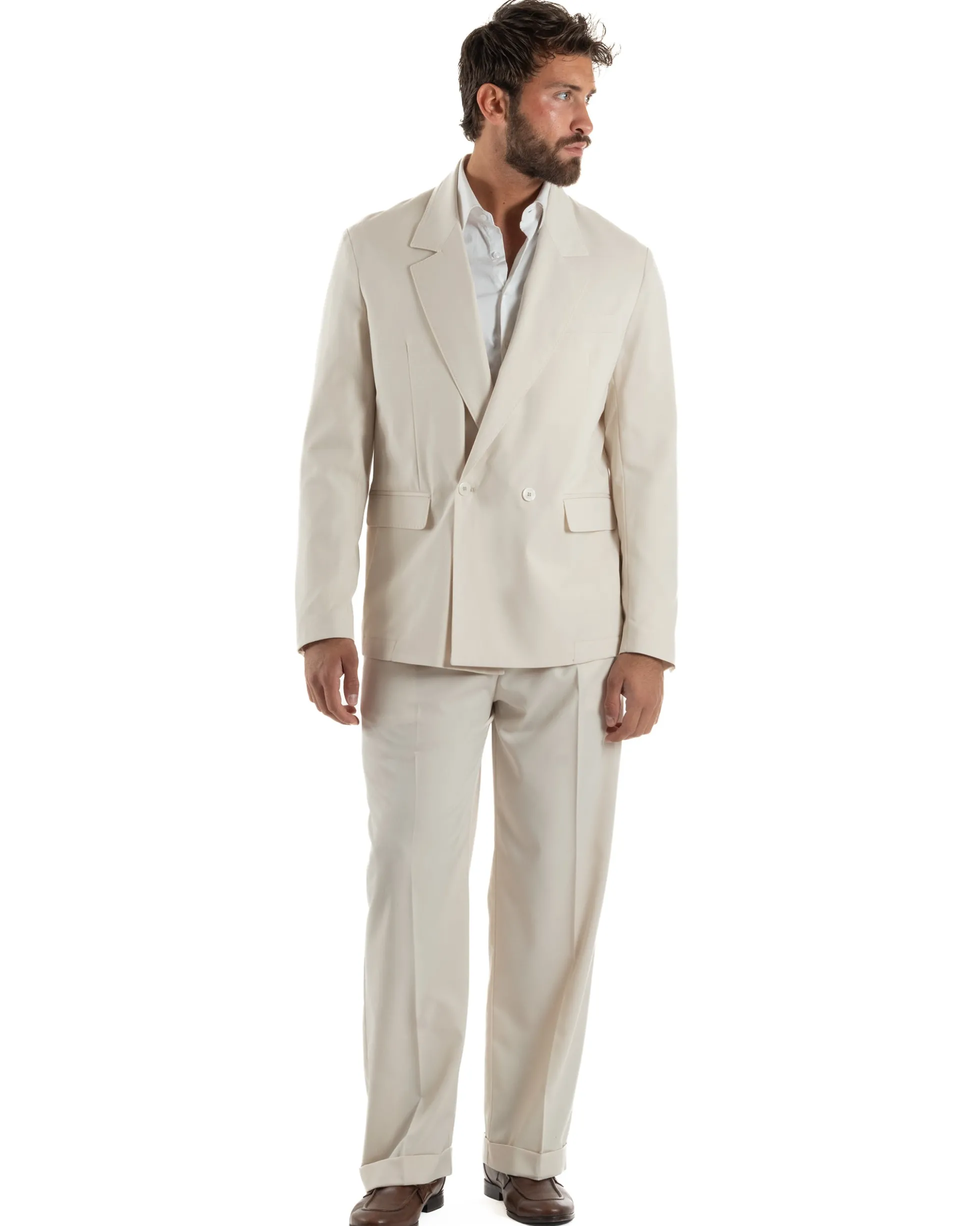 Abito uomo doppiopetto completo giacca 2 bottoni pantaloni baggy panna BlackSunday AE1264A
