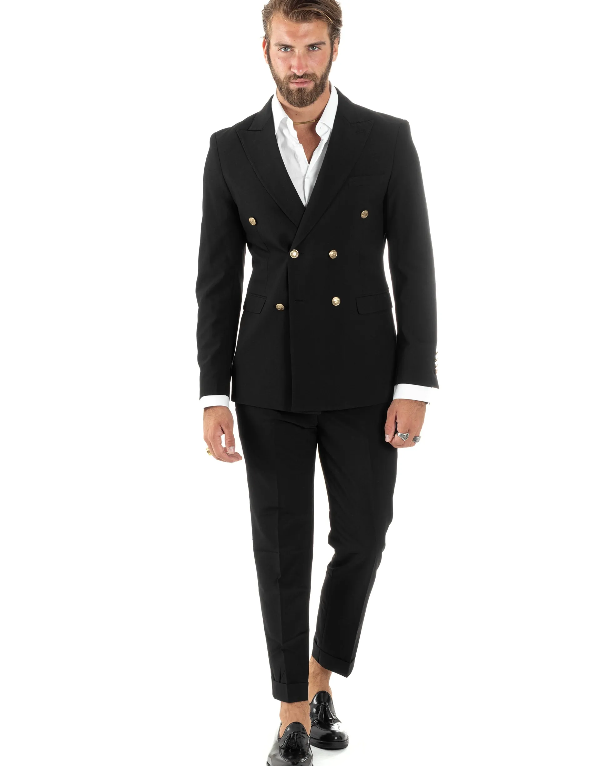 Abito uomo doppiopetto completo giacca pantaloni bottoni metallo nero melangiato elegante GIOSAL-AE1081A