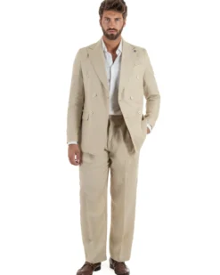 Abito uomo doppiopetto lino completo giacca pantaloni baggy pinces beige GIOSAL-AE1258A