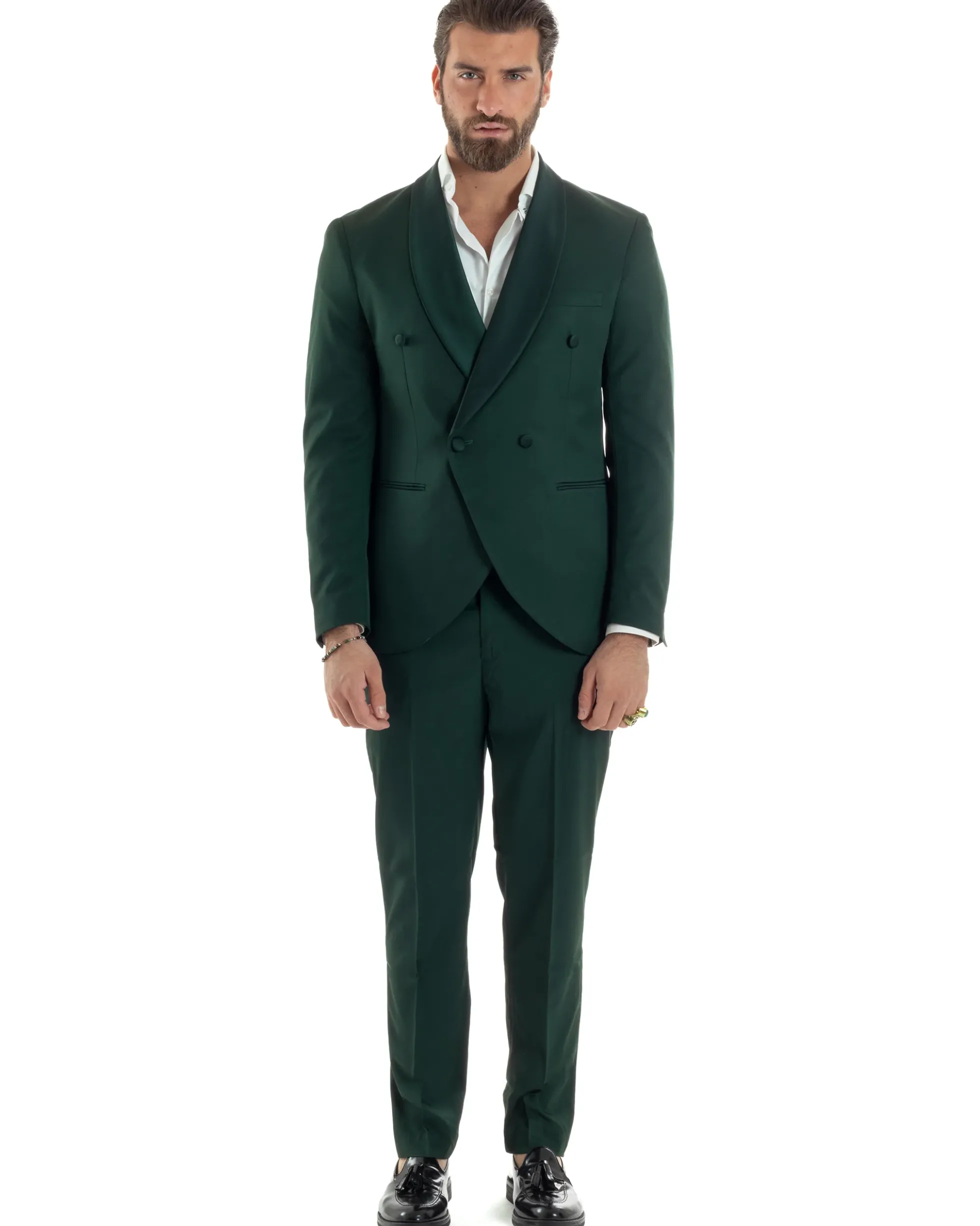 Abito Uomo Doppiopetto Quattro Bottoni Vestito Completo Smoking Rever Sciallato Raso Verde AE1111A