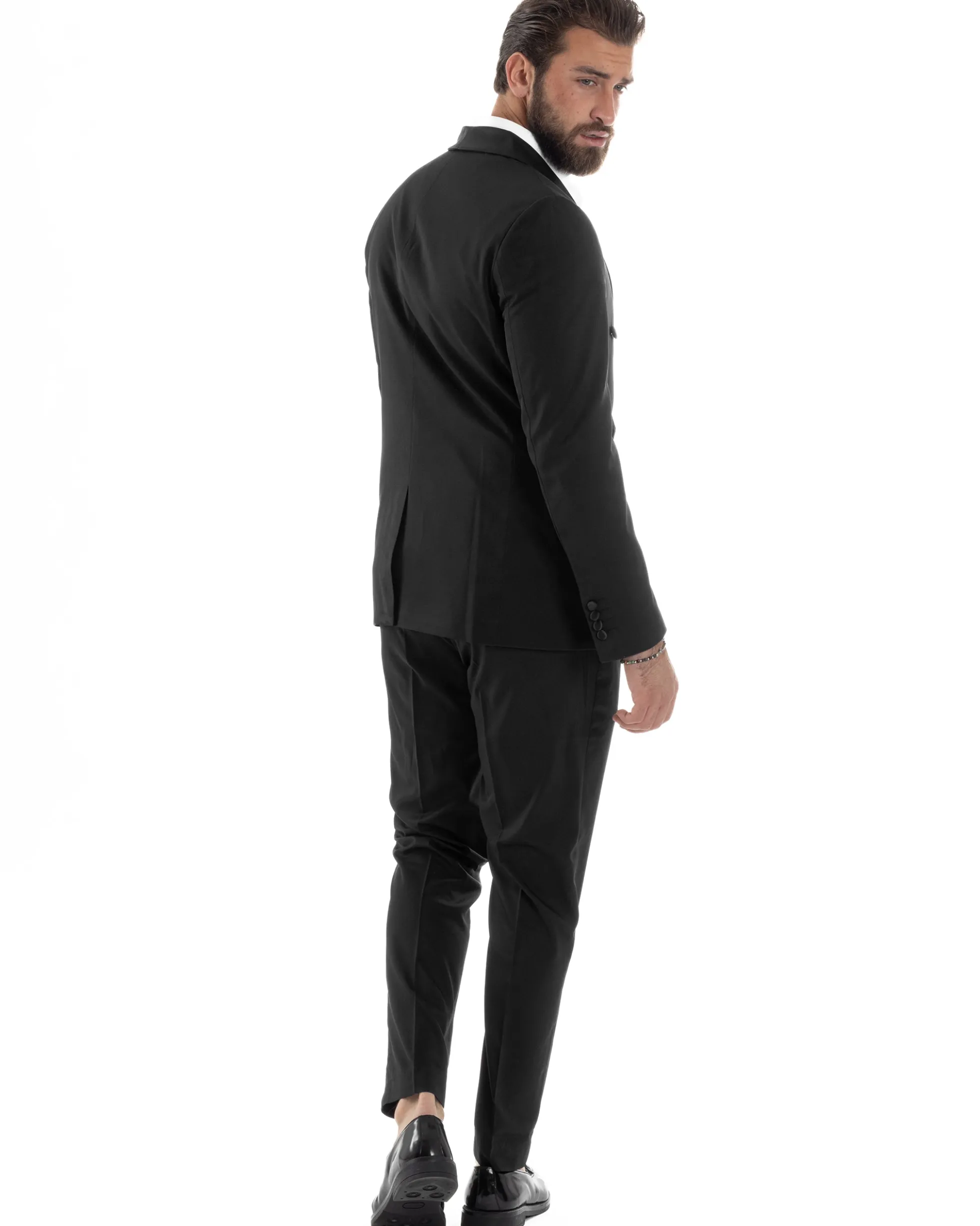 Abito Uomo Doppiopetto Quattro Bottoni Vestito Completo Smoking Rever Sciallato Raso Nero AE1110A