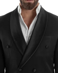 Abito Uomo Doppiopetto Quattro Bottoni Vestito Completo Smoking Rever Sciallato Raso Nero AE1110A