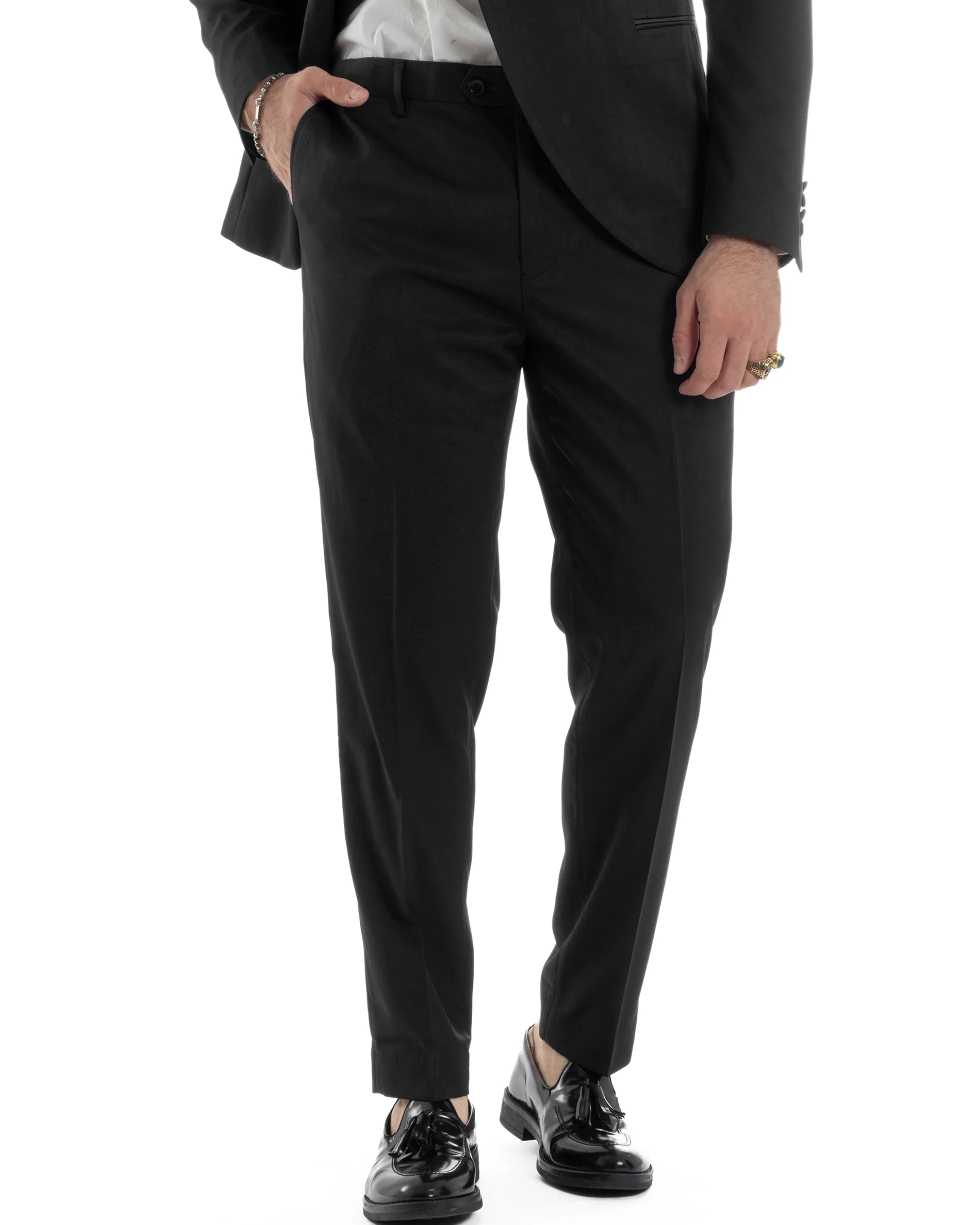 Abito Uomo Doppiopetto Quattro Bottoni Vestito Completo Smoking Rever Sciallato Raso Nero AE1110A