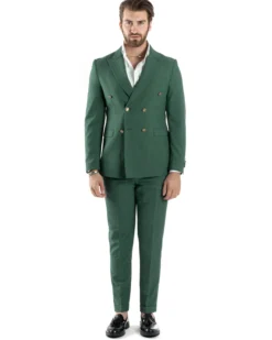 Abito Uomo Doppiopetto Vestito Completo Giacca Pantaloni Bottoni Metallo Verde Melangiato AE1057A