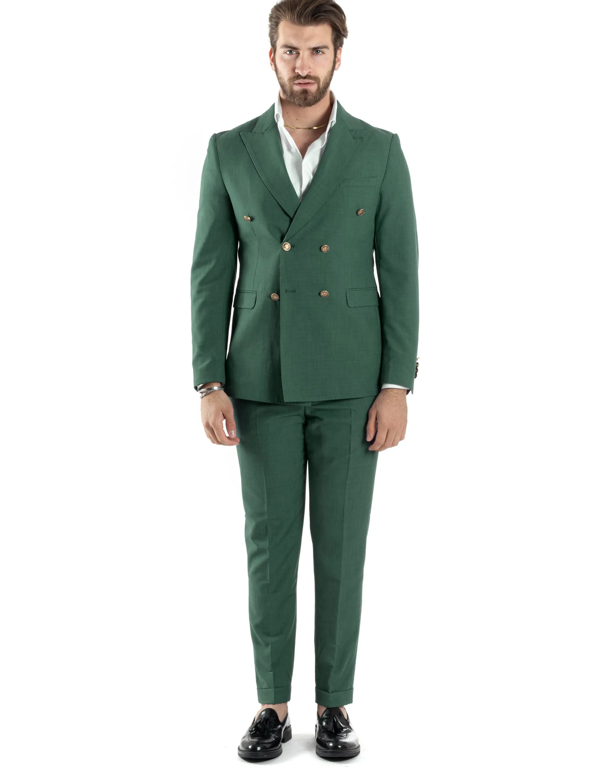 Abito Uomo Doppiopetto Vestito Completo Giacca Pantaloni Bottoni Metallo Verde Melangiato AE1057A