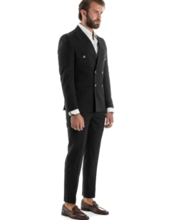 Abito Uomo Doppiopetto Vestito Completo Rigato Giacca Pantaloni Bottoni Metallo Fantasia Gessata Nero AE1103A