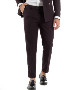 Abito Uomo Doppiopetto Vestito Completo Rigato Giacca Pantaloni Bottoni Metallo Fantasia Gessata Bordeaux AE1102A