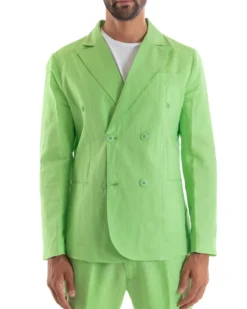Abito Uomo Doppiopetto Vestito Lino Completo Giacca Pantaloni Tinta Unita Verde Acido Elegante Sartoriale Cerimonia GIOSAL-OU2133A