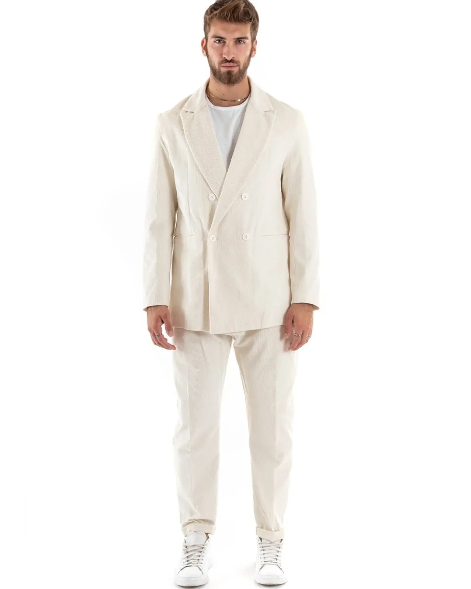 Abito Uomo Doppiopetto Vestito Velluto Completo Giacca Pantaloni Panna Elegante Cerimonia GIOSAL-OU2194A