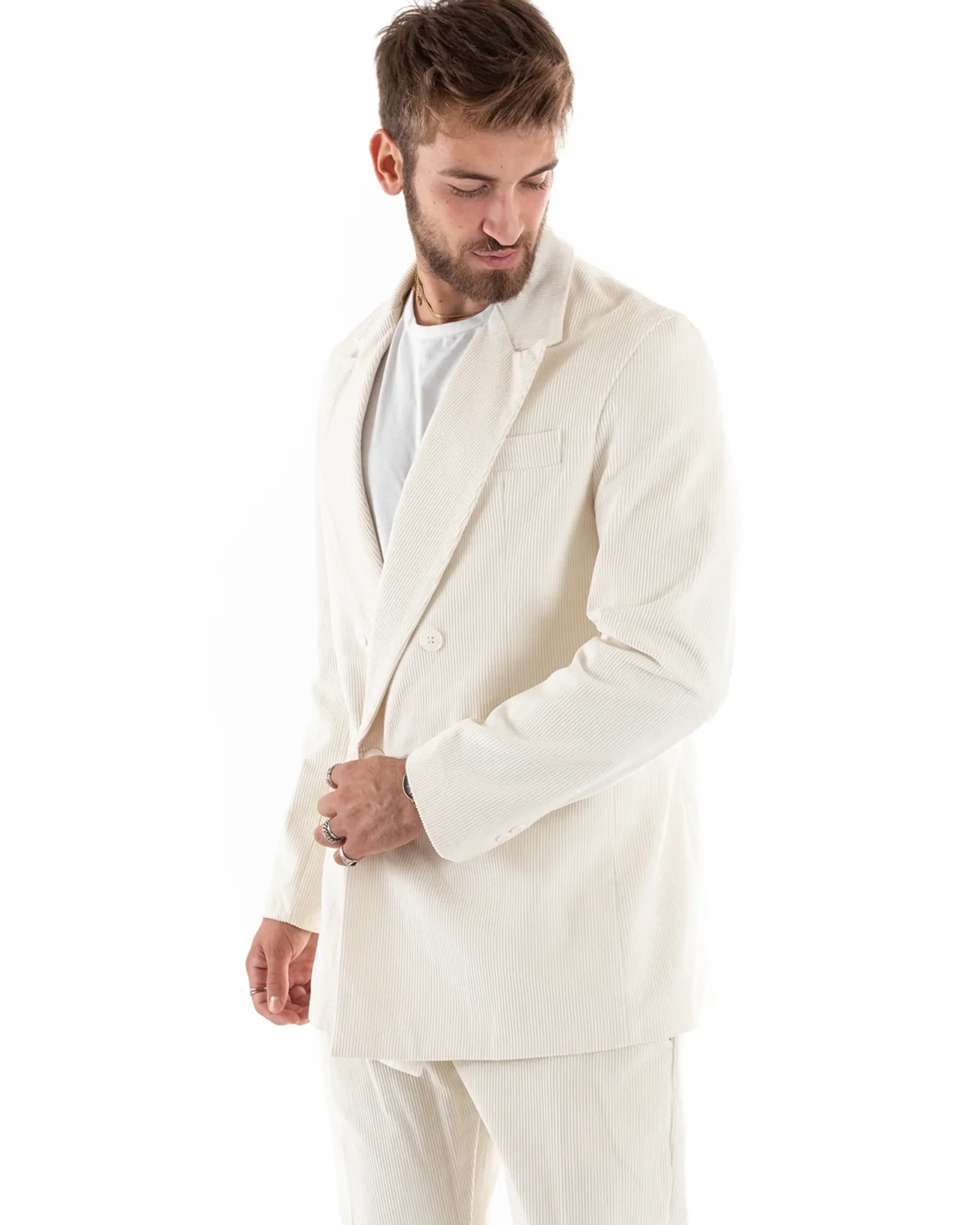 Abito Uomo Doppiopetto Vestito Velluto Completo Giacca Pantaloni Panna Elegante Cerimonia GIOSAL-OU2194A
