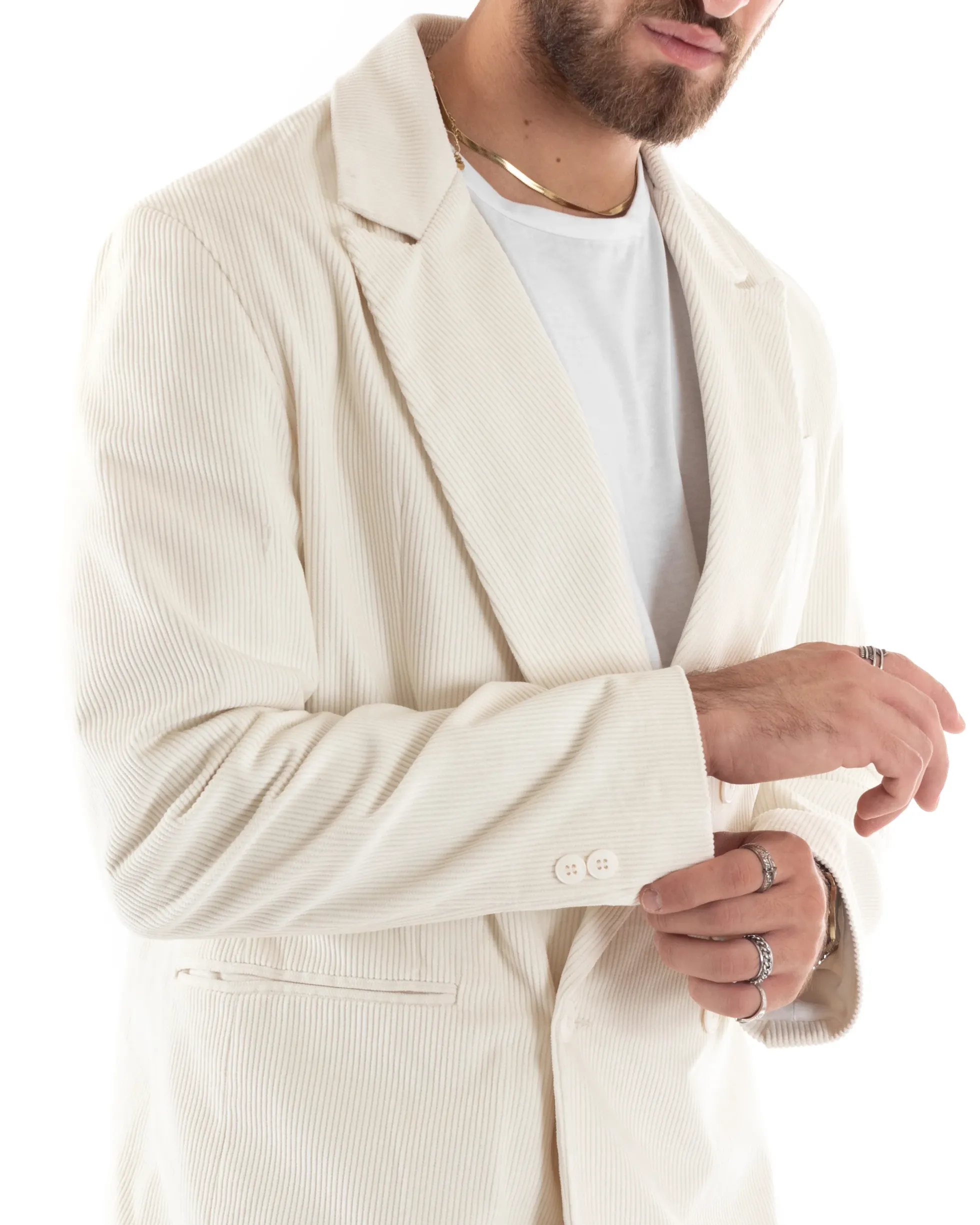 Abito Uomo Doppiopetto Vestito Velluto Completo Giacca Pantaloni Panna Elegante Cerimonia GIOSAL-OU2194A