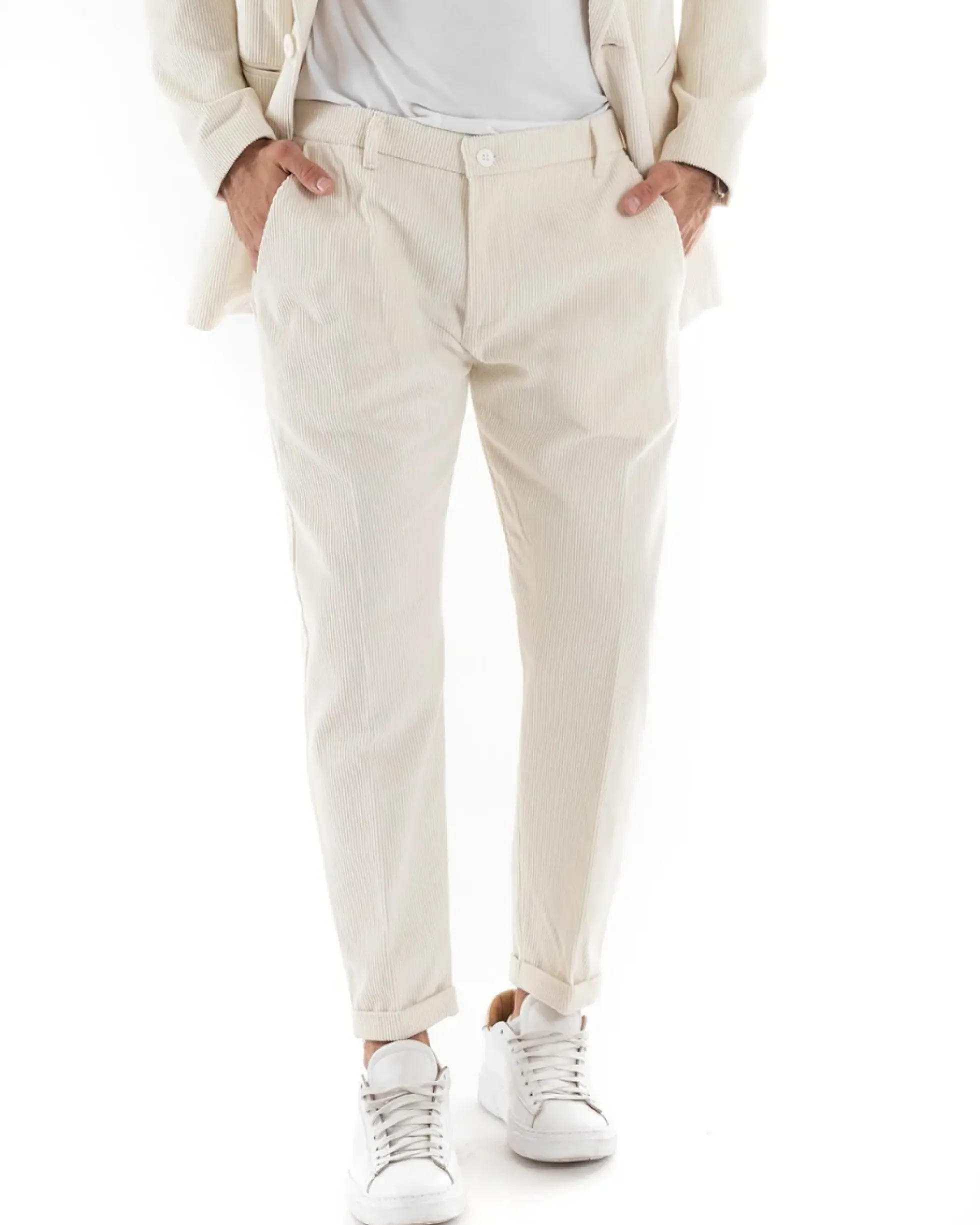 Abito Uomo Doppiopetto Vestito Velluto Completo Giacca Pantaloni Panna Elegante Cerimonia GIOSAL-OU2194A