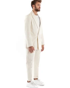 Abito Uomo Doppiopetto Vestito Velluto Completo Giacca Pantaloni Panna Elegante Cerimonia GIOSAL-OU2194A