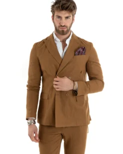 Abito uomo doppiopetto vestito sartoriale lino camel GIOSAL-OU2334A