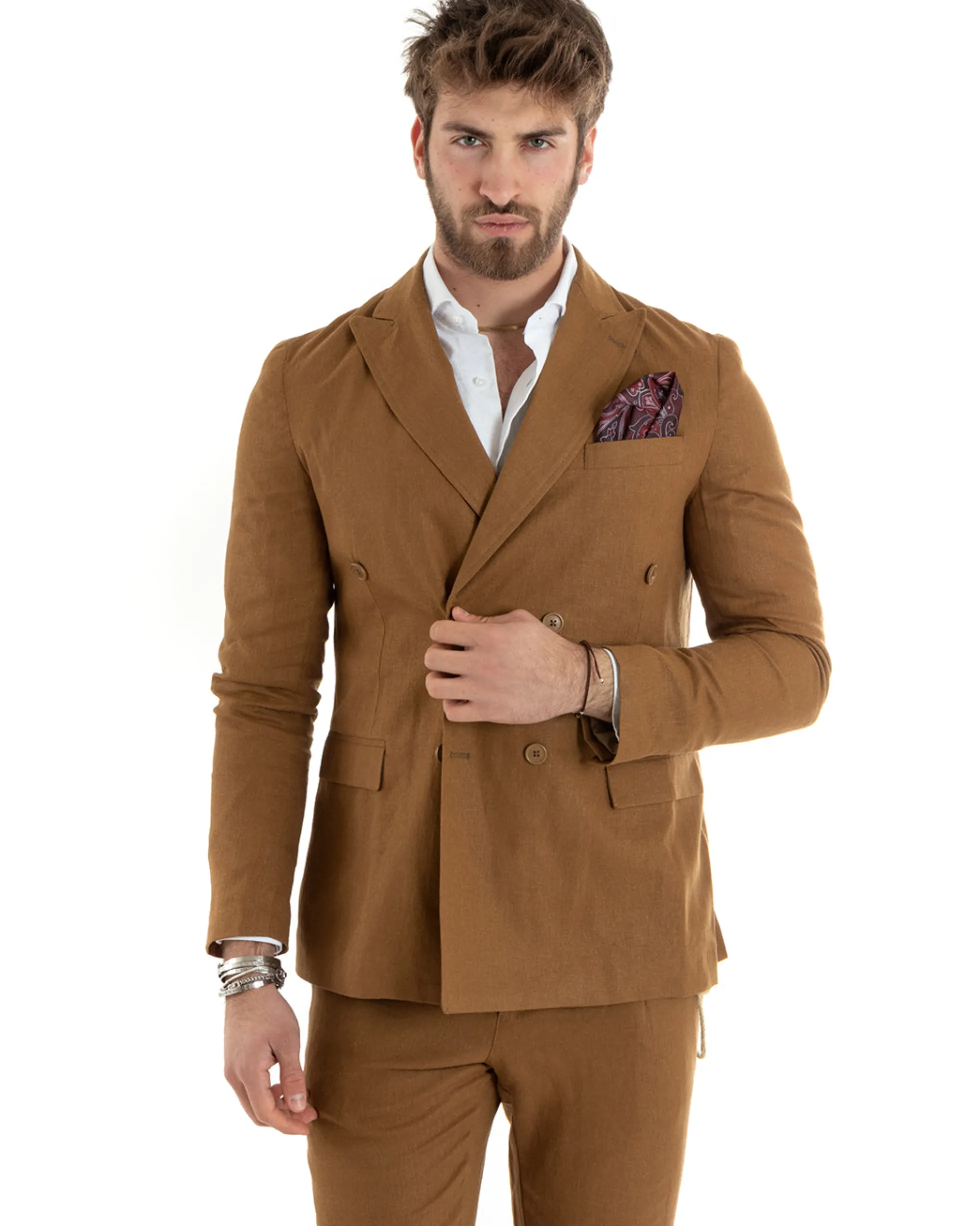 Abito uomo doppiopetto vestito sartoriale lino camel GIOSAL-OU2334A